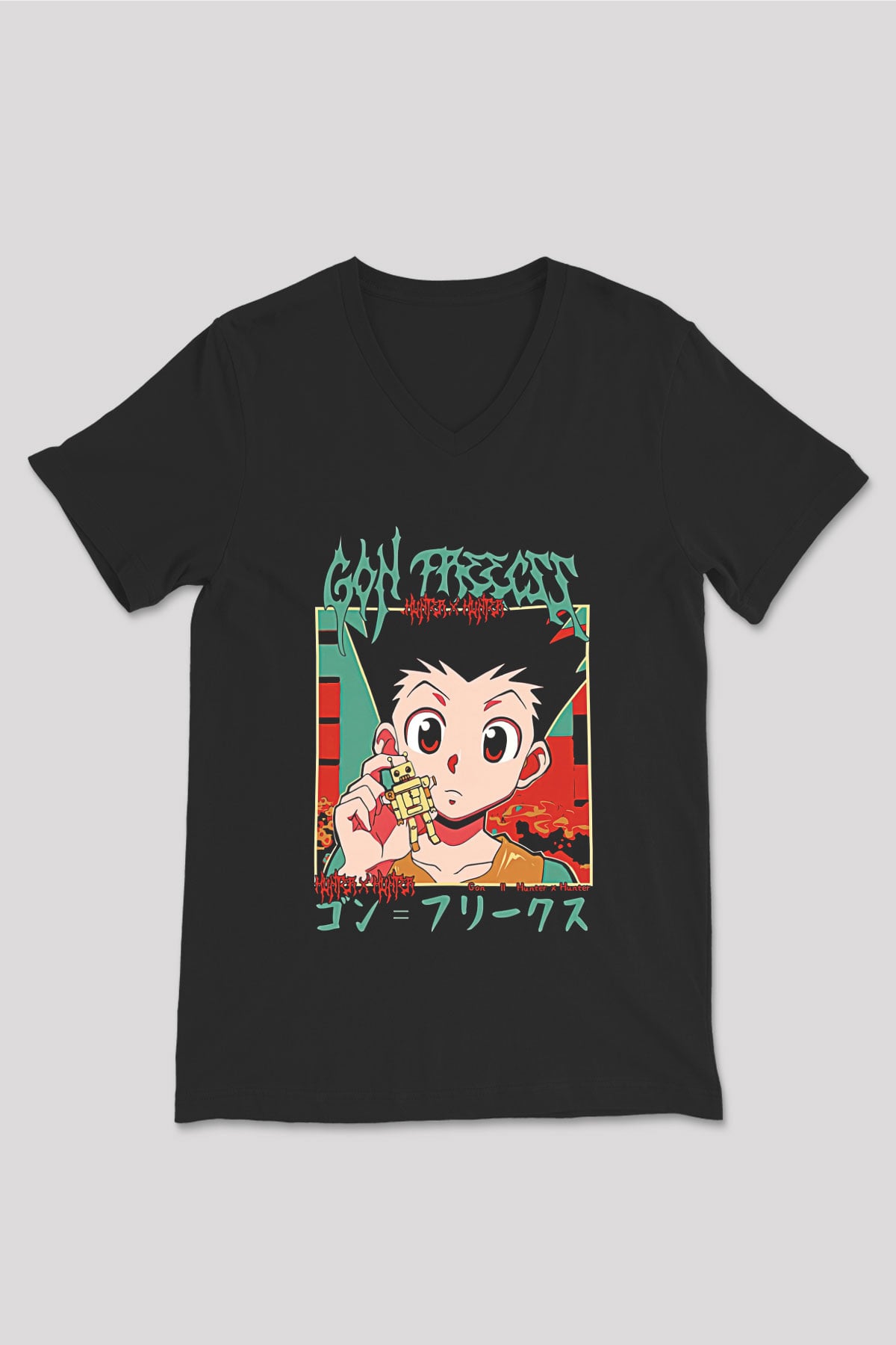 Hunter X Hunter Baskılı Unisex Siyah V Yaka Tişört - Tshirt
