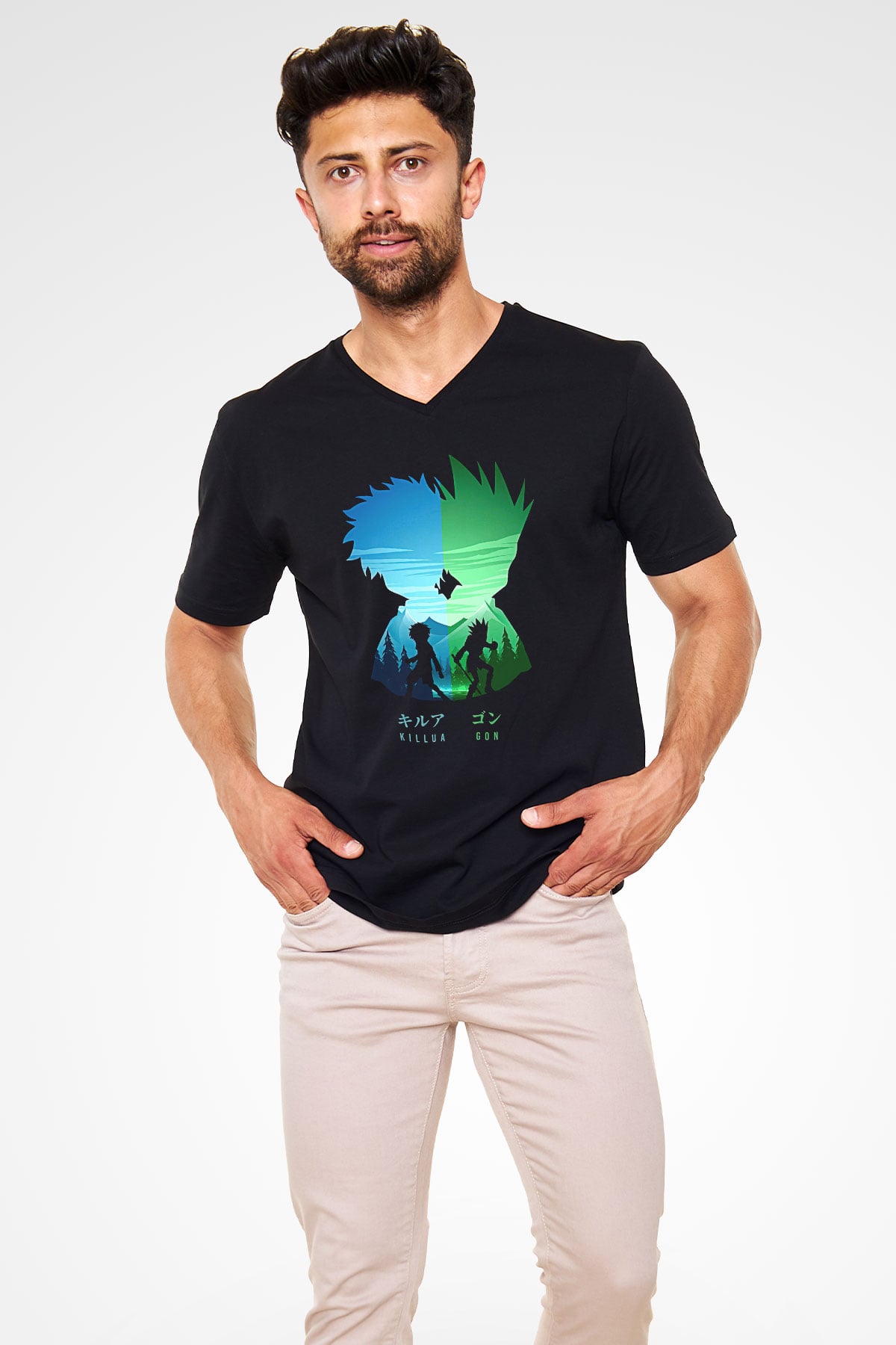 Hunter X Hunter Baskılı Unisex Siyah V Yaka Tişört - Tshirt