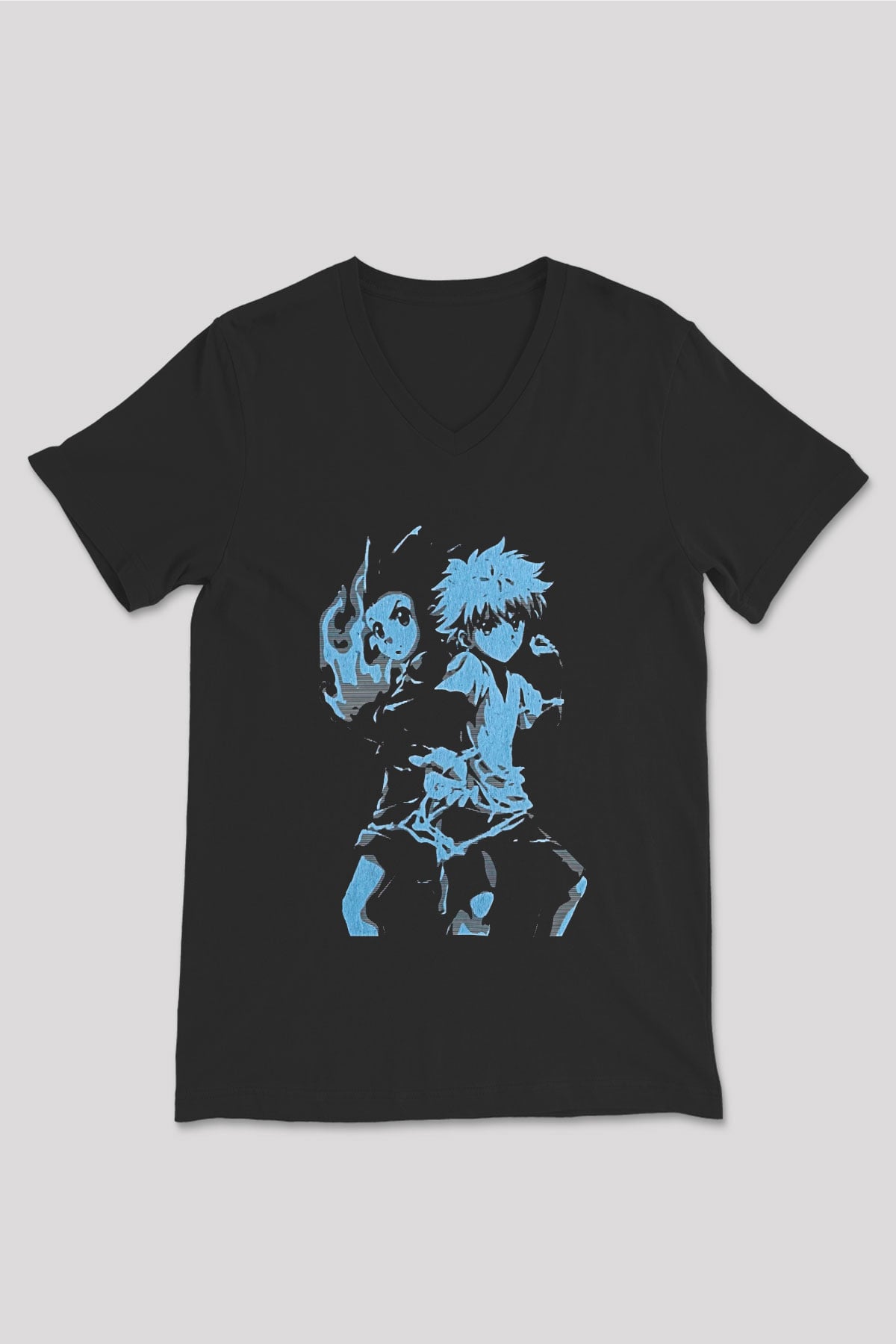 Hunter X Hunter Baskılı Unisex Siyah V Yaka Tişört - Tshirt