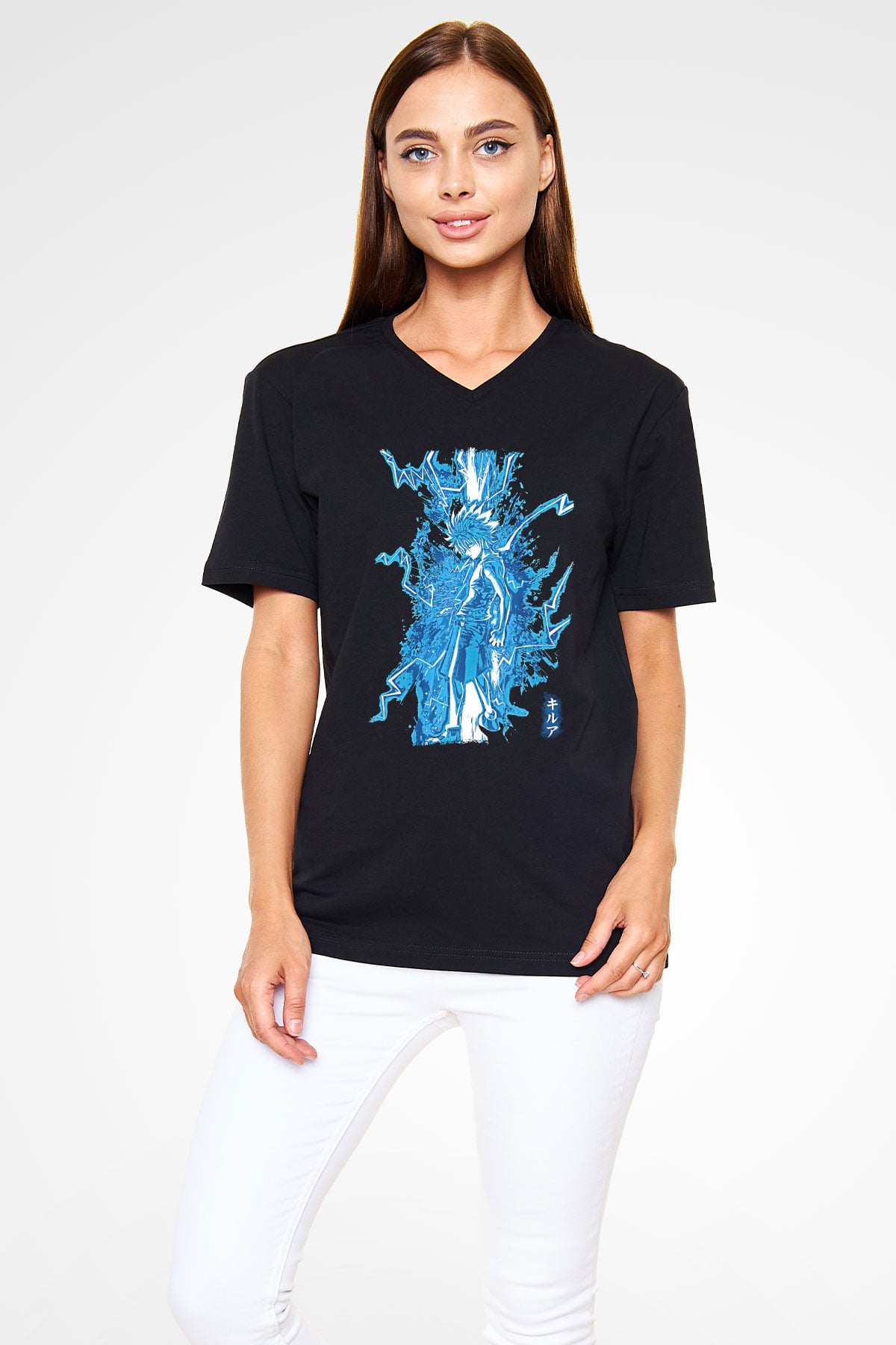 Hunter X Hunter Baskılı Unisex Siyah V Yaka Tişört - Tshirt