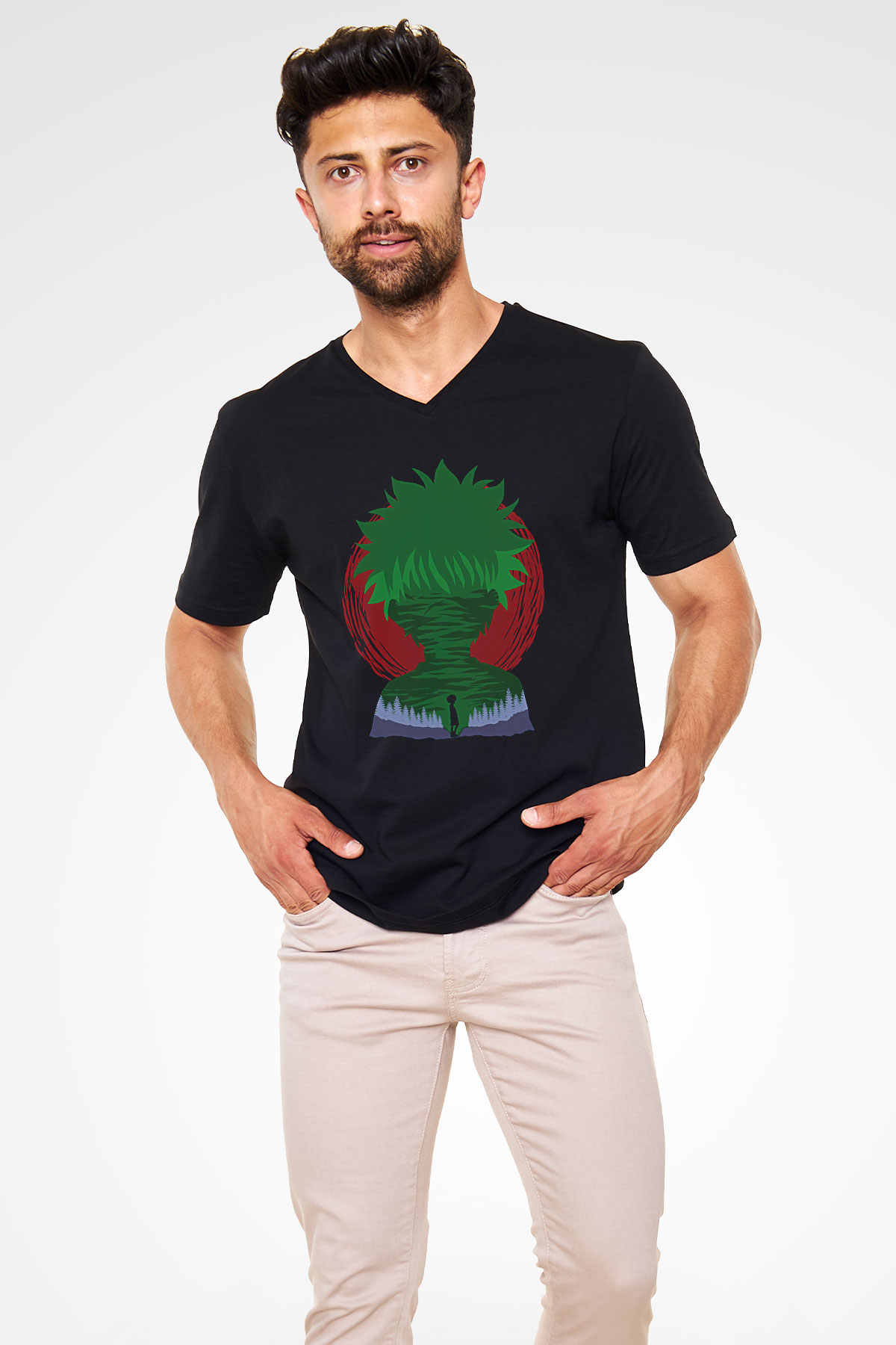 Hunter X Hunter Baskılı Unisex Siyah V Yaka Tişört - Tshirt