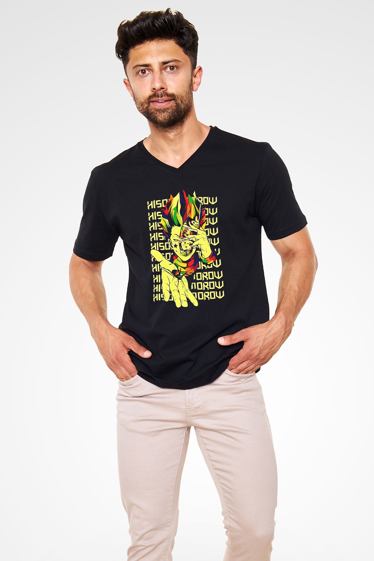 Hunter X Hunter Baskılı Unisex Siyah V Yaka Tişört - Tshirt