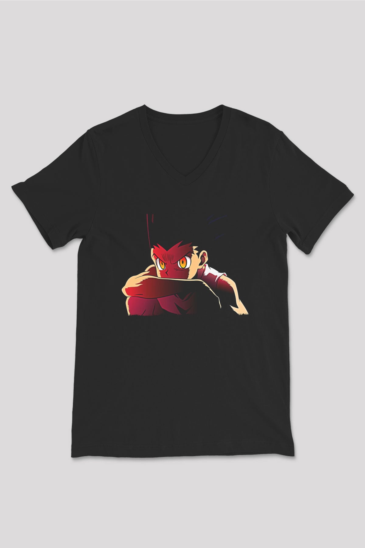 Hunter X Hunter Baskılı Unisex Siyah V Yaka Tişört - Tshirt