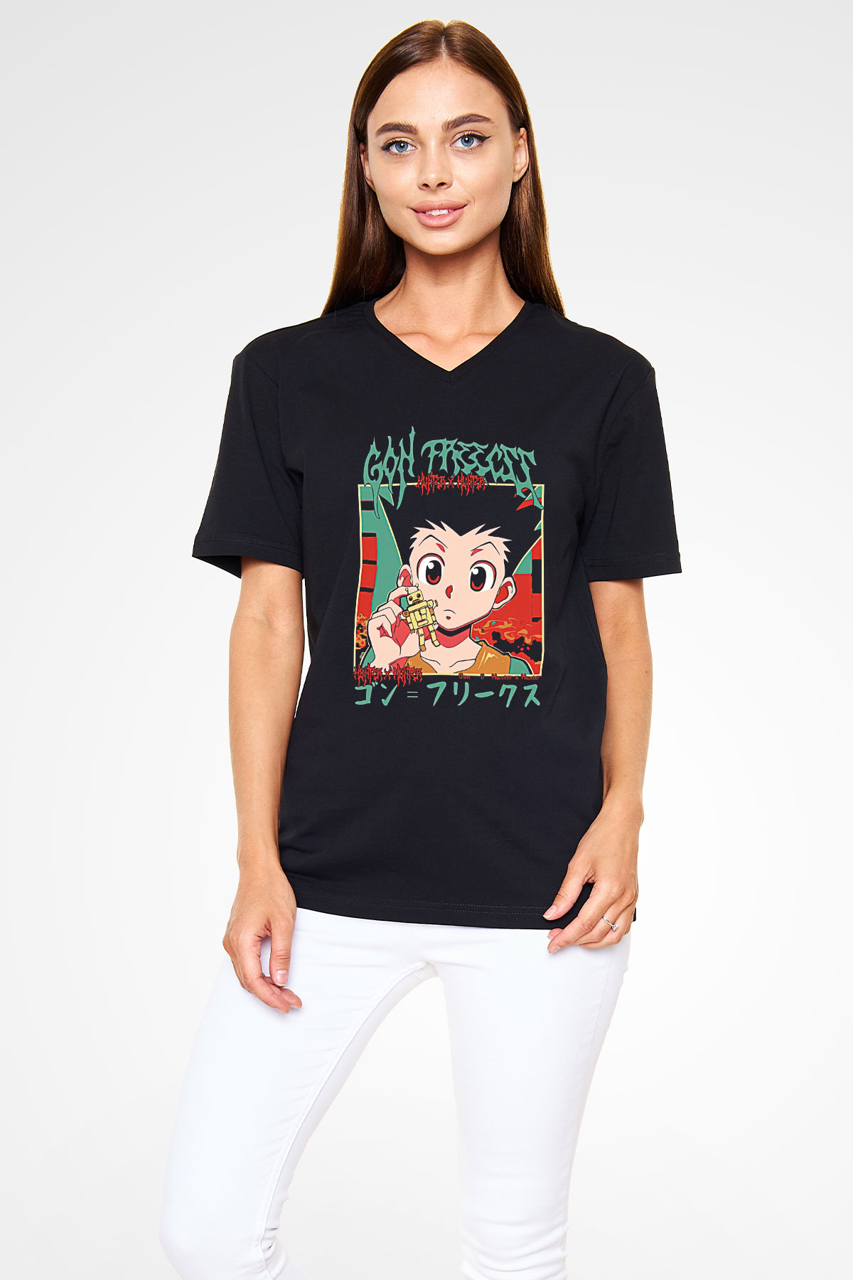 Hunter X Hunter Baskılı Unisex Siyah V Yaka Tişört - Tshirt