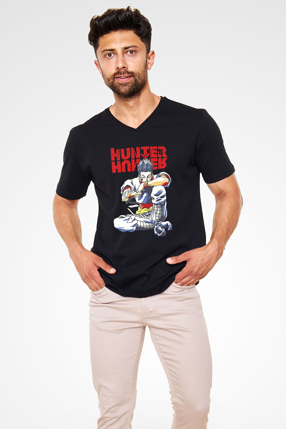 Hunter X Hunter Baskılı Unisex Siyah V Yaka Tişört - Tshirt