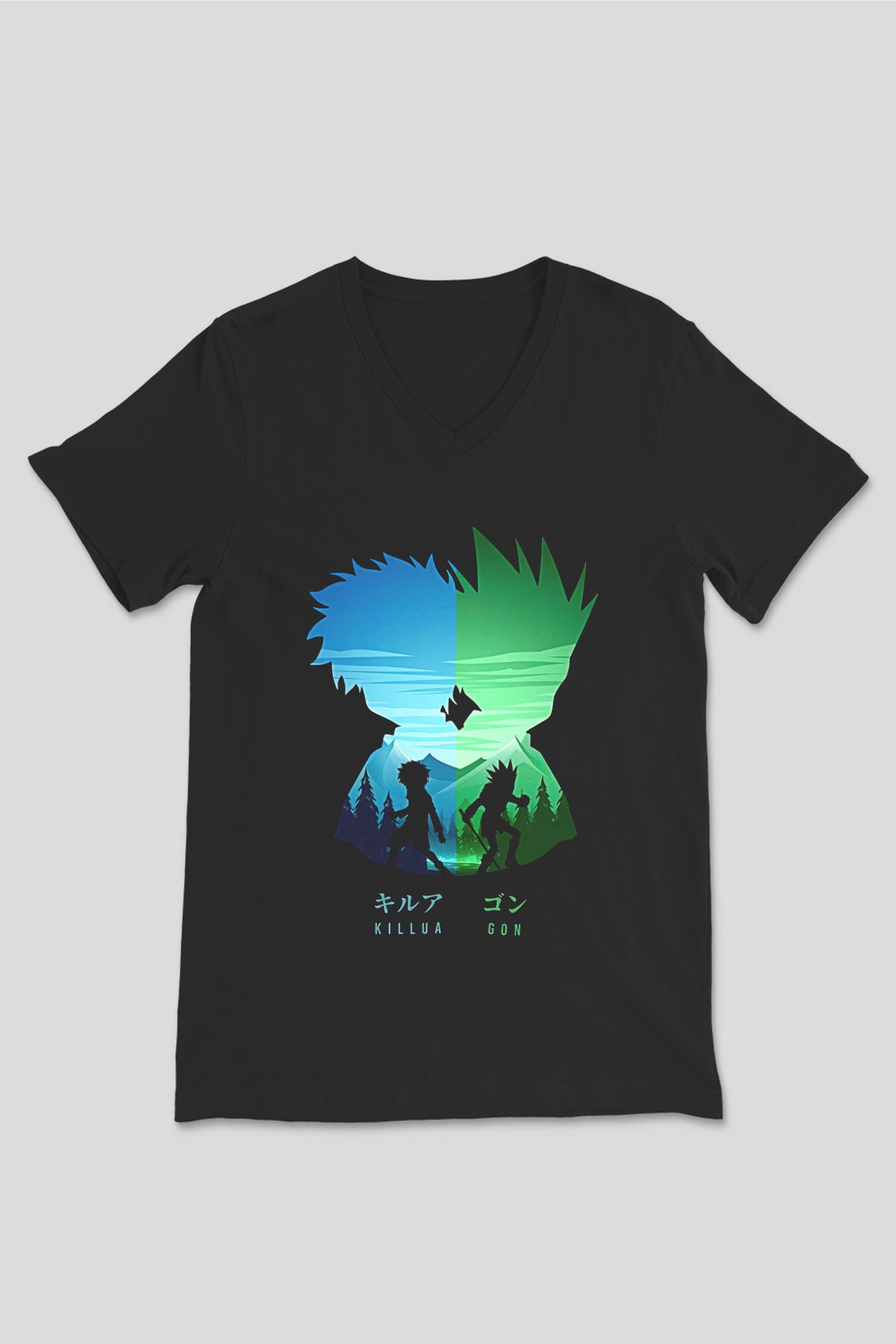 Hunter X Hunter Baskılı Unisex Siyah V Yaka Tişört - Tshirt