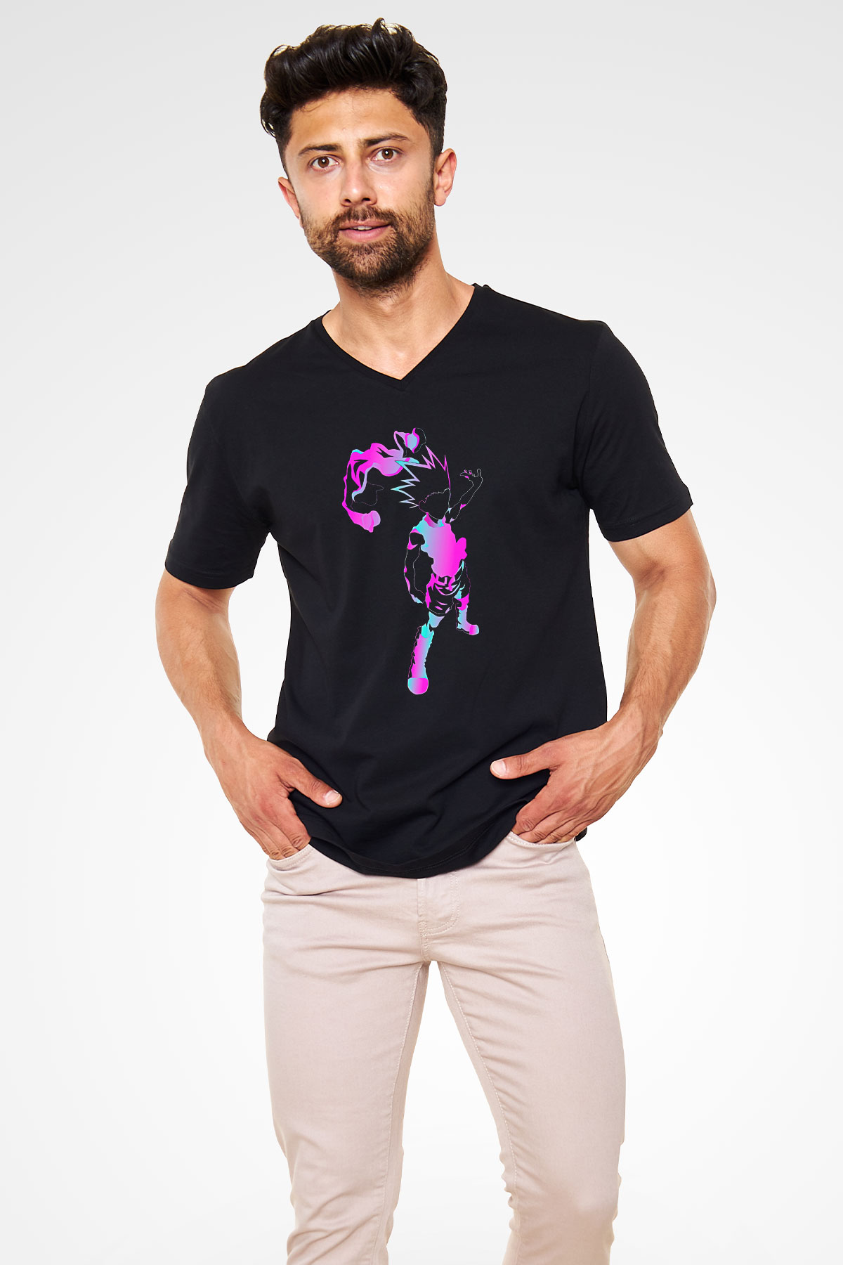 Hunter X Hunter Baskılı Unisex Siyah V Yaka Tişört - Tshirt