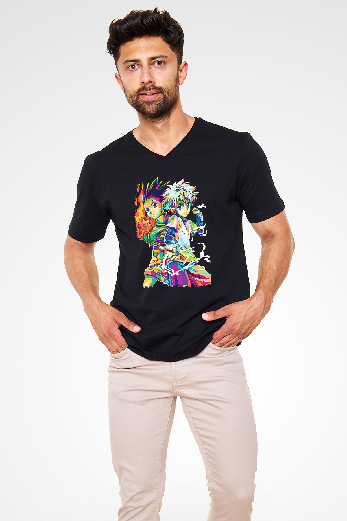 Hunter X Hunter Baskılı Unisex Siyah V Yaka Tişört - Tshirt