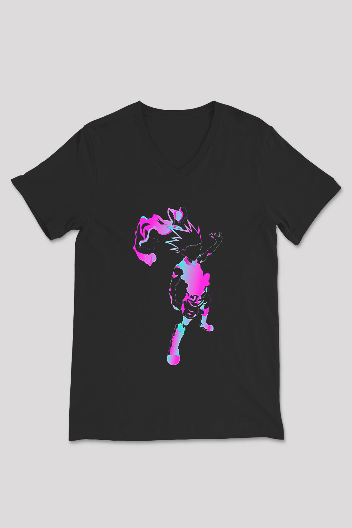 Hunter X Hunter Baskılı Unisex Siyah V Yaka Tişört - Tshirt
