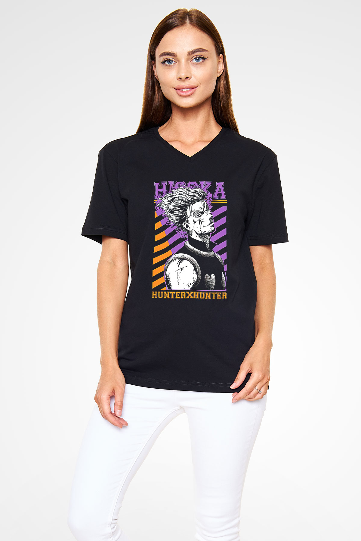 Hunter X Hunter Baskılı Unisex Siyah V Yaka Tişört - Tshirt