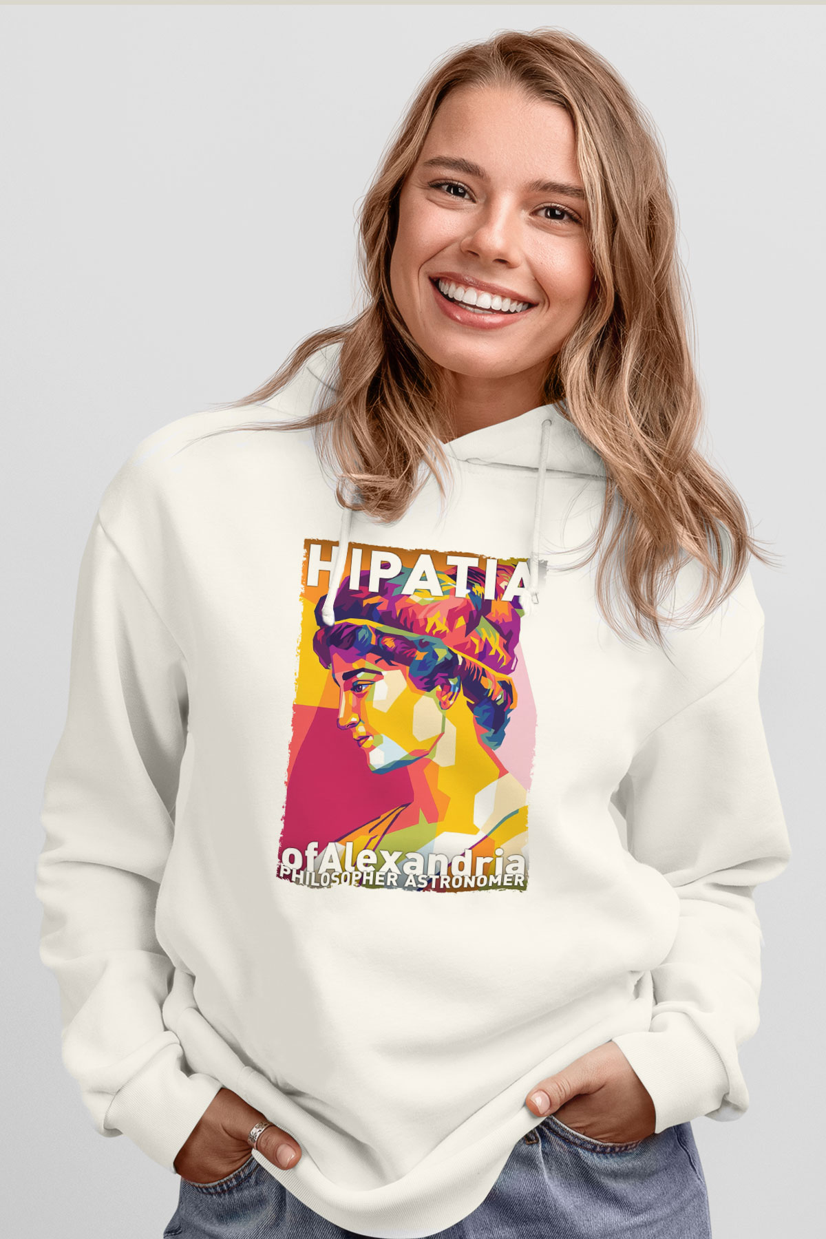 Hypatia of Alexandria Baskılı Unisex Ekru Hoodie