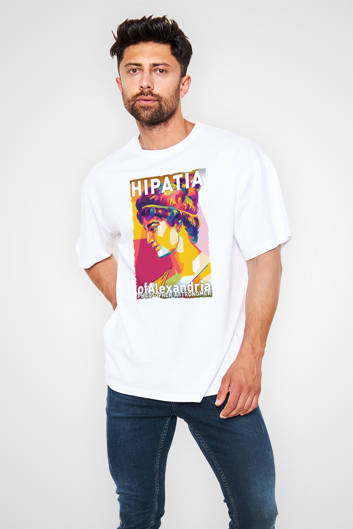 Hypatia of Alexandria Baskılı Unisex Oversize Beyaz Tişört - Tshirt