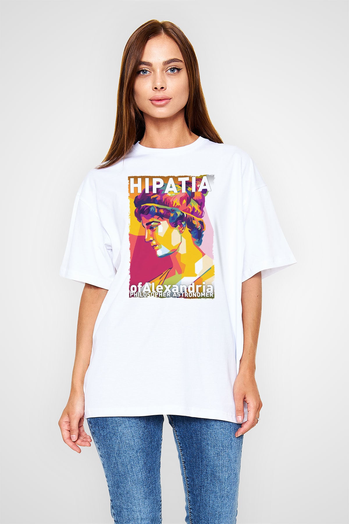 Hypatia of Alexandria Baskılı Unisex Oversize Beyaz Tişört - Tshirt