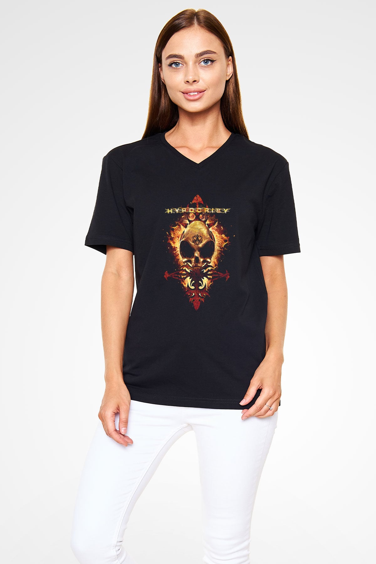 Hypocrisy Baskılı Unisex Siyah V Yaka Tişört - Tshirt