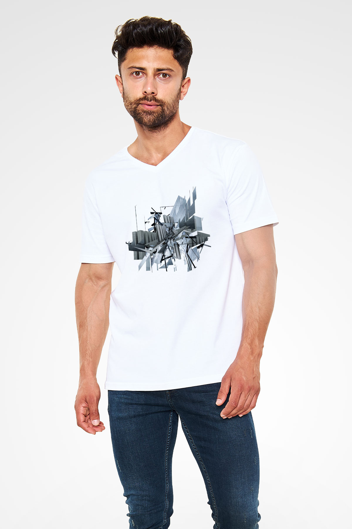 İç mimar Beyaz Unisex V Yaka Tişört T-Shirt