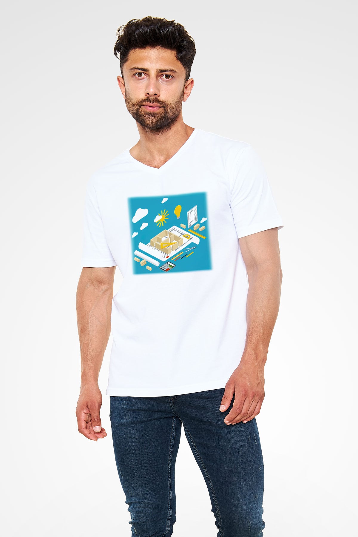 İç mimar Beyaz Unisex V Yaka Tişört T-Shirt