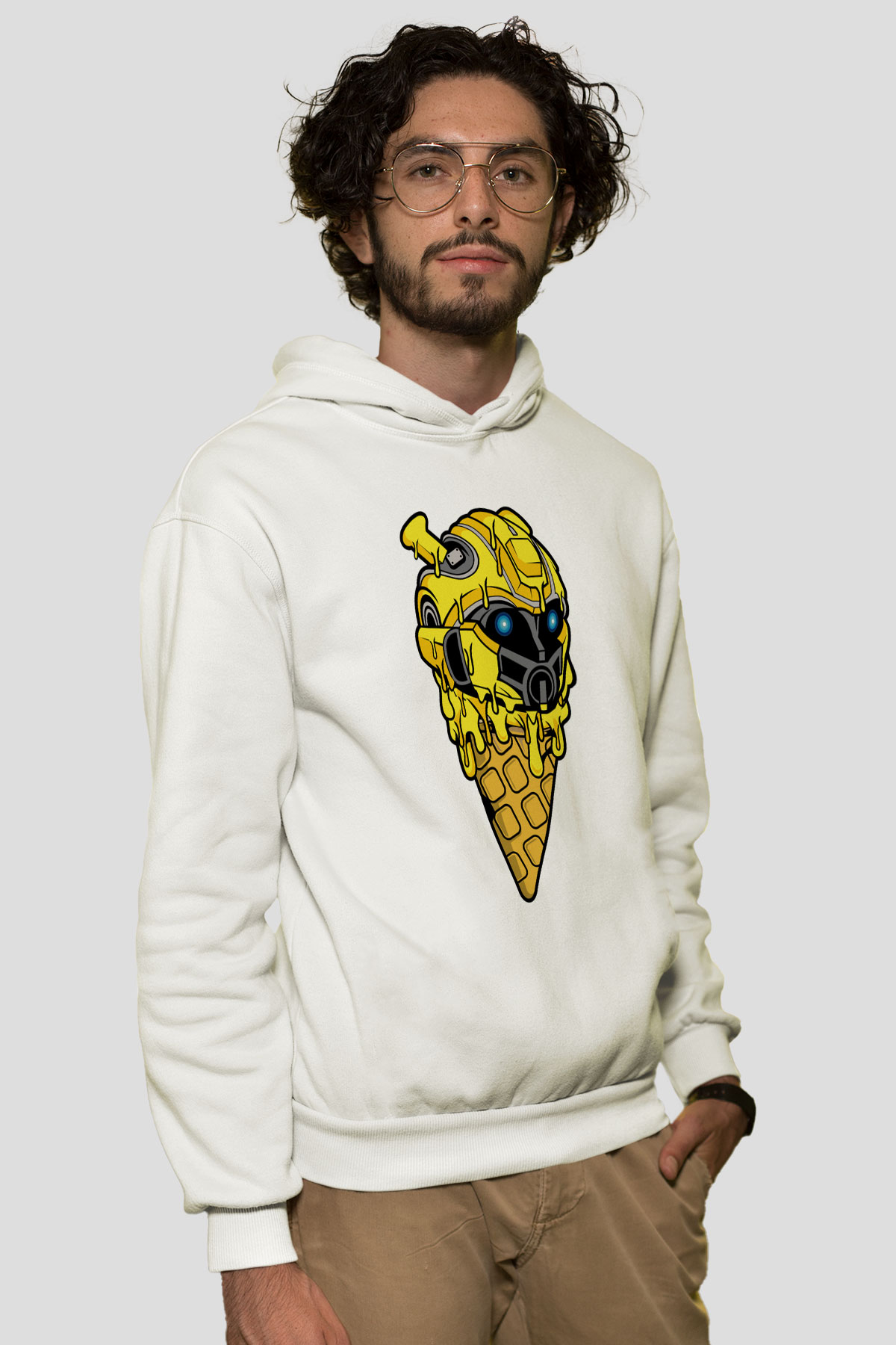 Ice Cream Bumble Bee Baskılı Unisex Beyaz Hoodie