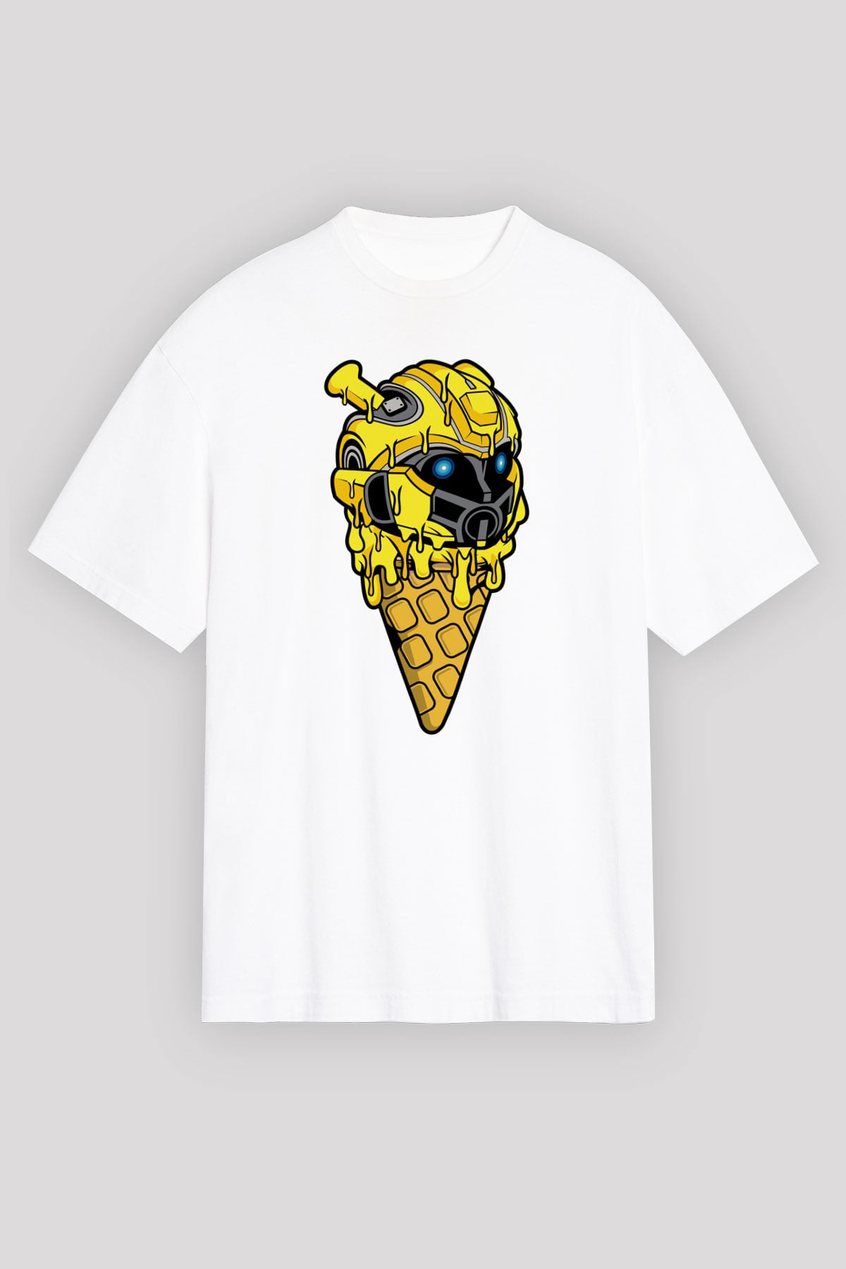 Ice Cream Bumble Bee Baskılı Unisex Beyaz Oversize Tişört