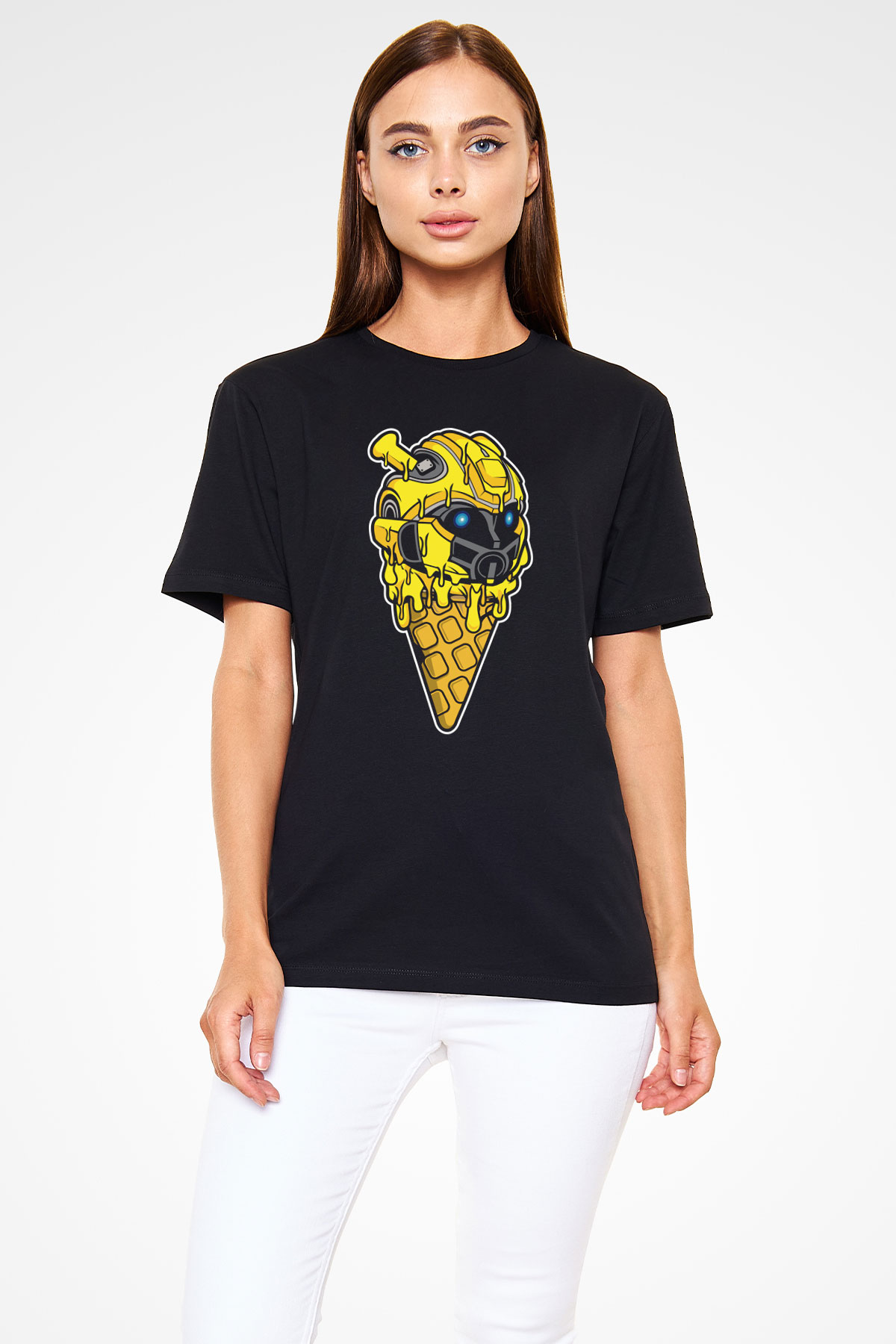 Ice Cream Bumble Bee Baskılı Unisex Siyah Tişört