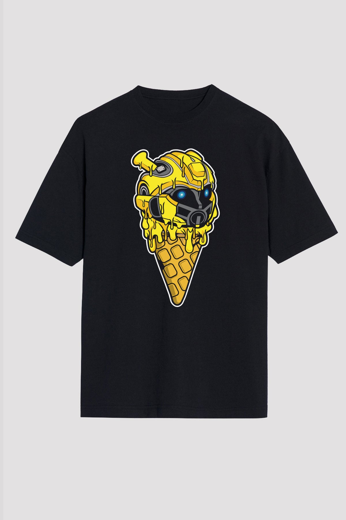 Ice Cream Bumble Bee Baskılı Unisex Siyah Oversize Tişört