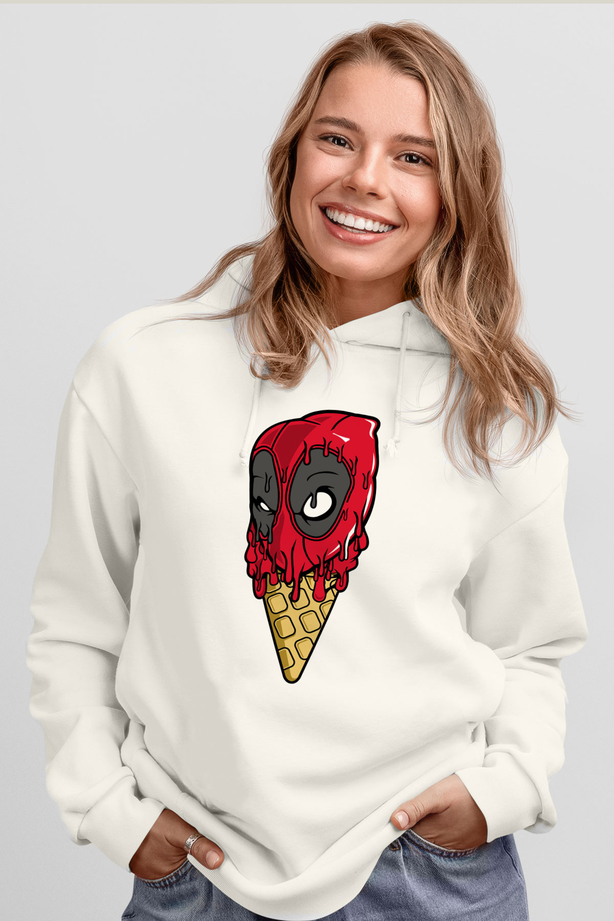 Ice Cream Dead Baskılı Unisex Beyaz Hoodie