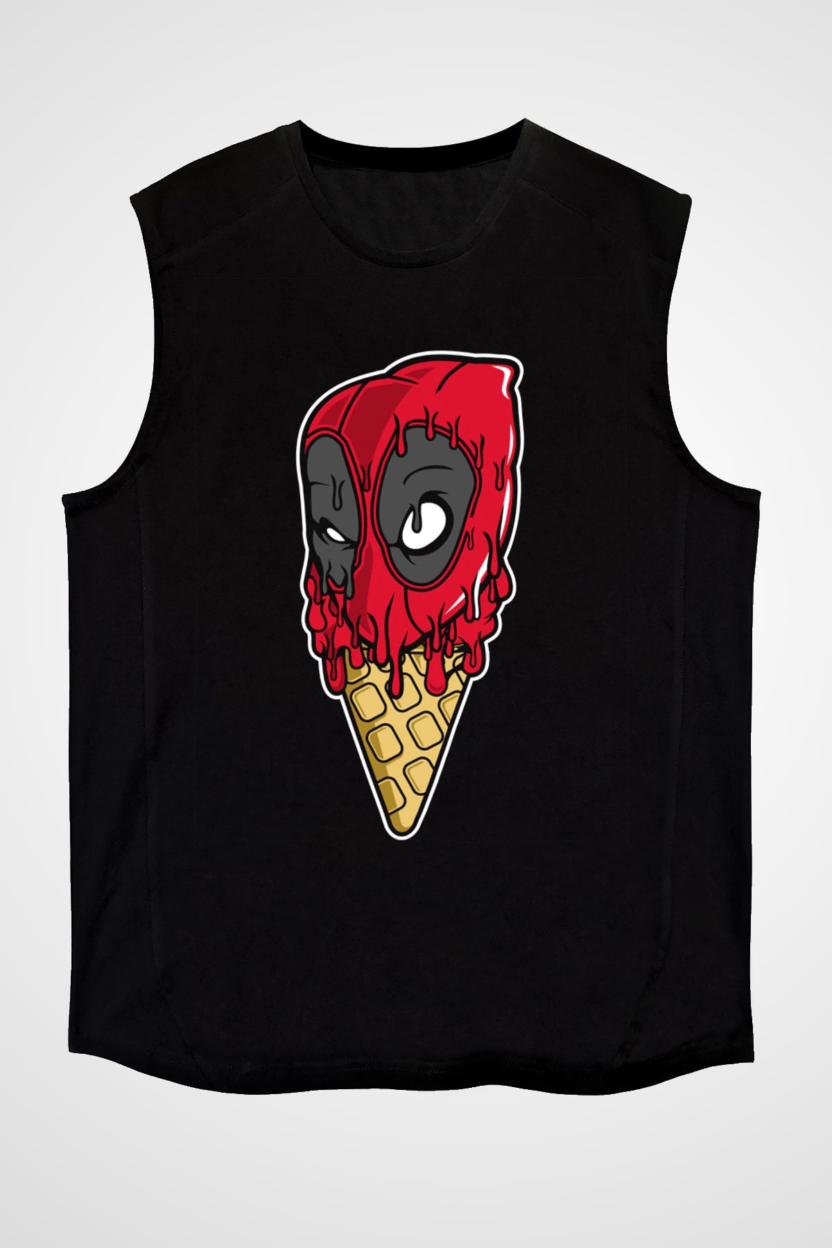 Ice Cream Deadpool Baskılı Unisex Siyah Kolsuz Tişört