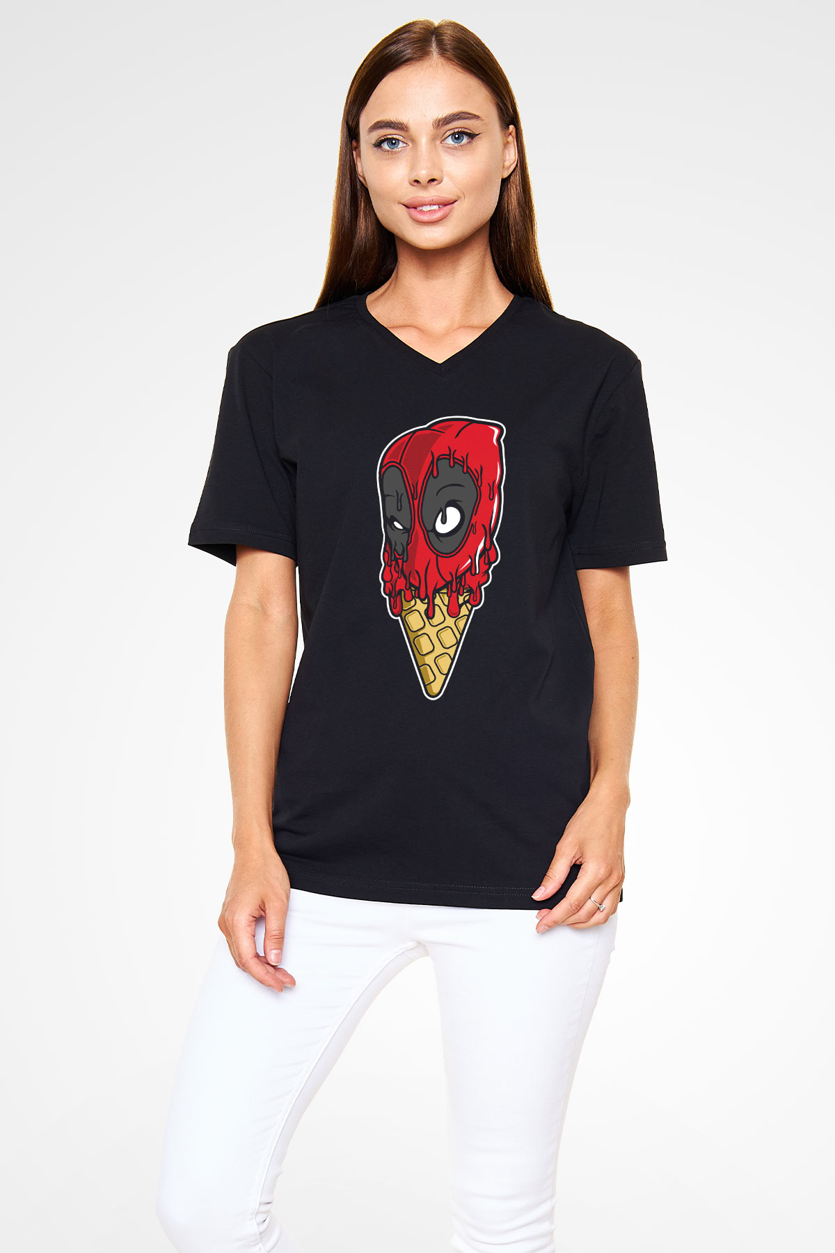 Ice Cream Deadpool Baskılı Unisex Siyah V Yaka Tişört