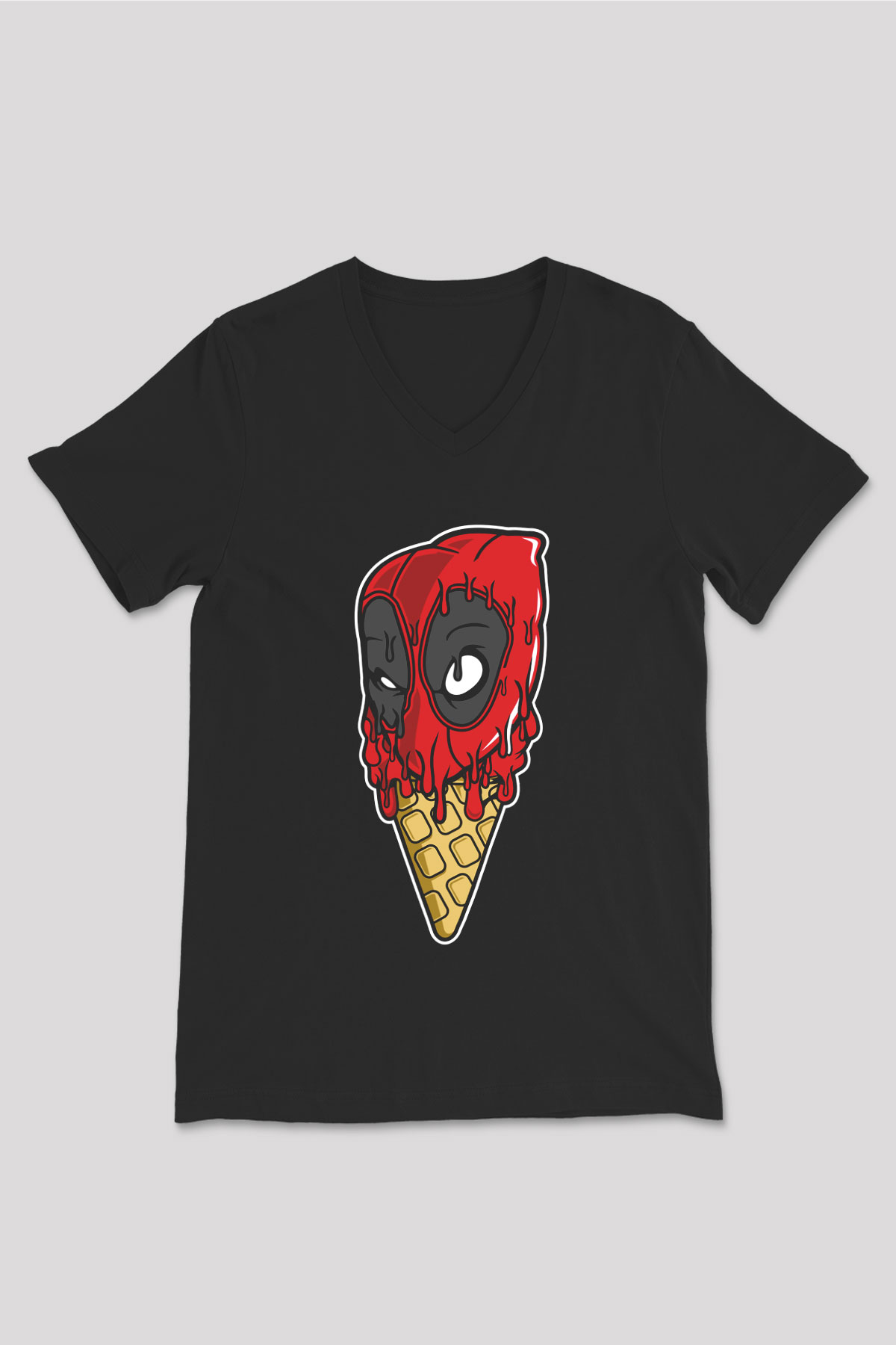Ice Cream Deadpool Baskılı Unisex Siyah V Yaka Tişört