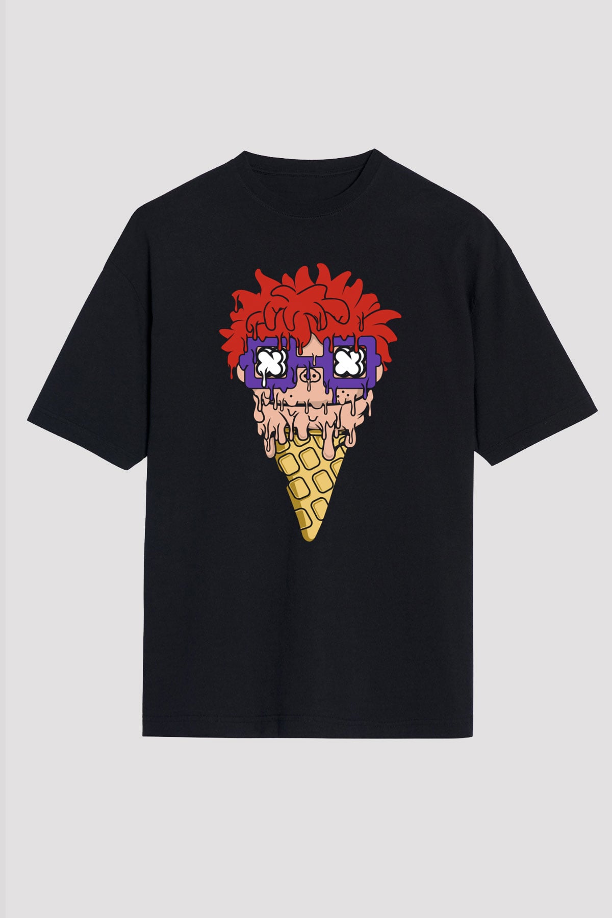 Ice Cream Rugrat Baskılı Unisex Siyah Oversize Tişört