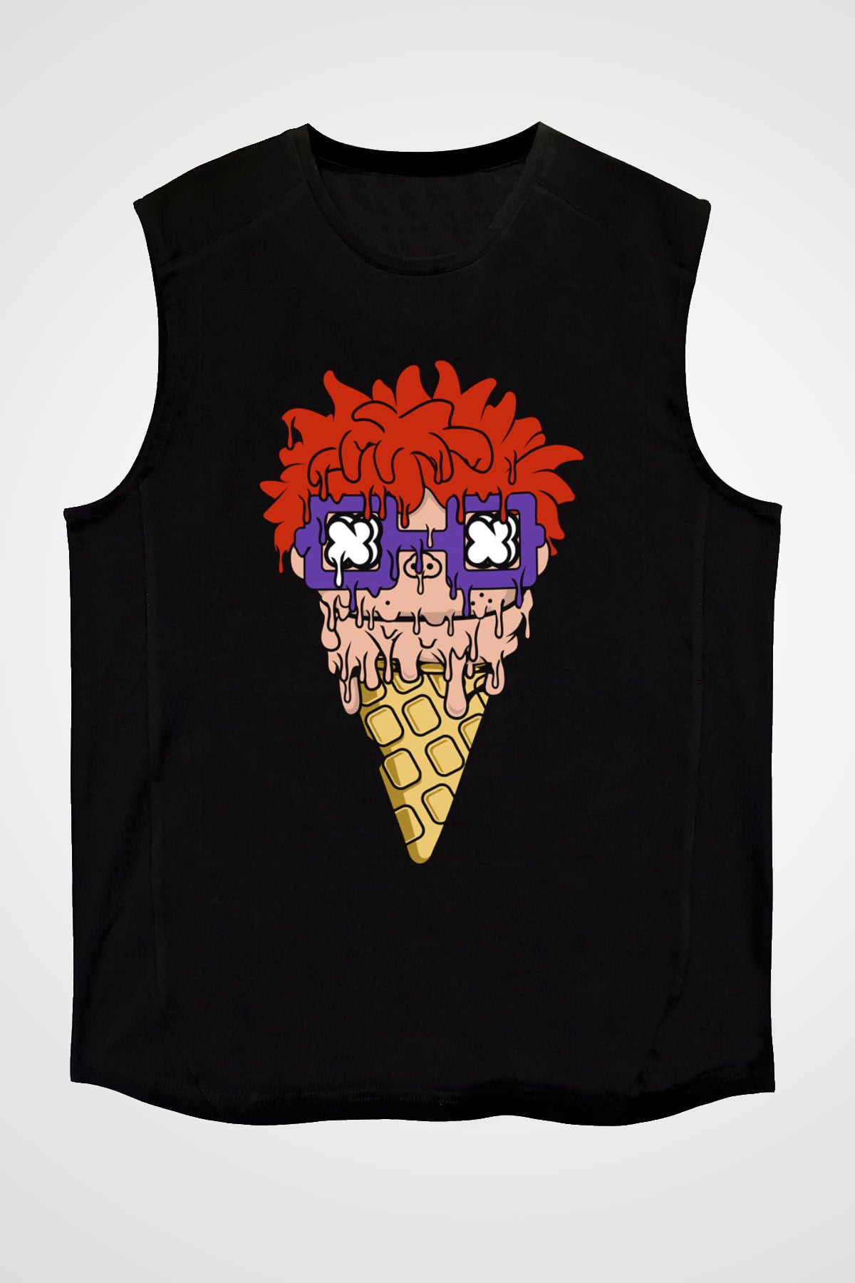 Ice Cream Rugrat Baskılı Unisex Siyah Kolsuz Tişört