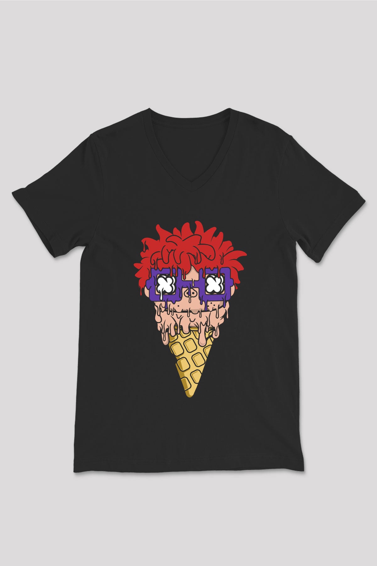 Ice Cream Rugrat Baskılı Unisex Siyah V Yaka Tişört