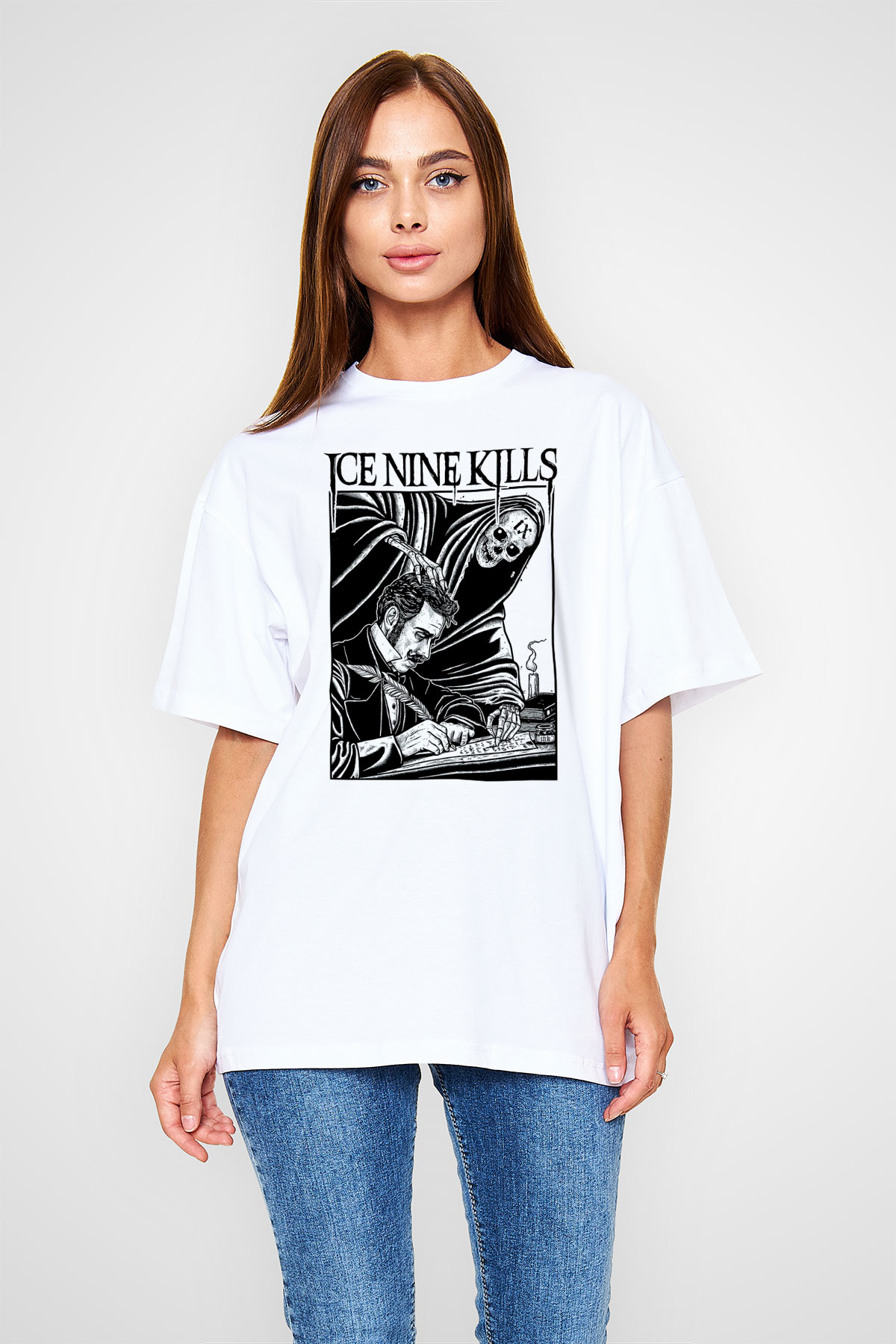 Ice Nine Kills Baskılı Beyaz Unisex Oversize Tişört - Tshirt