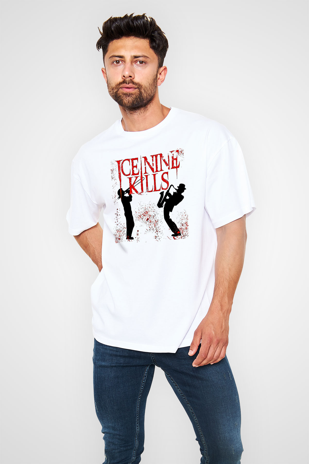 Ice Nine Kills Baskılı Beyaz Unisex Oversize Tişört - Tshirt