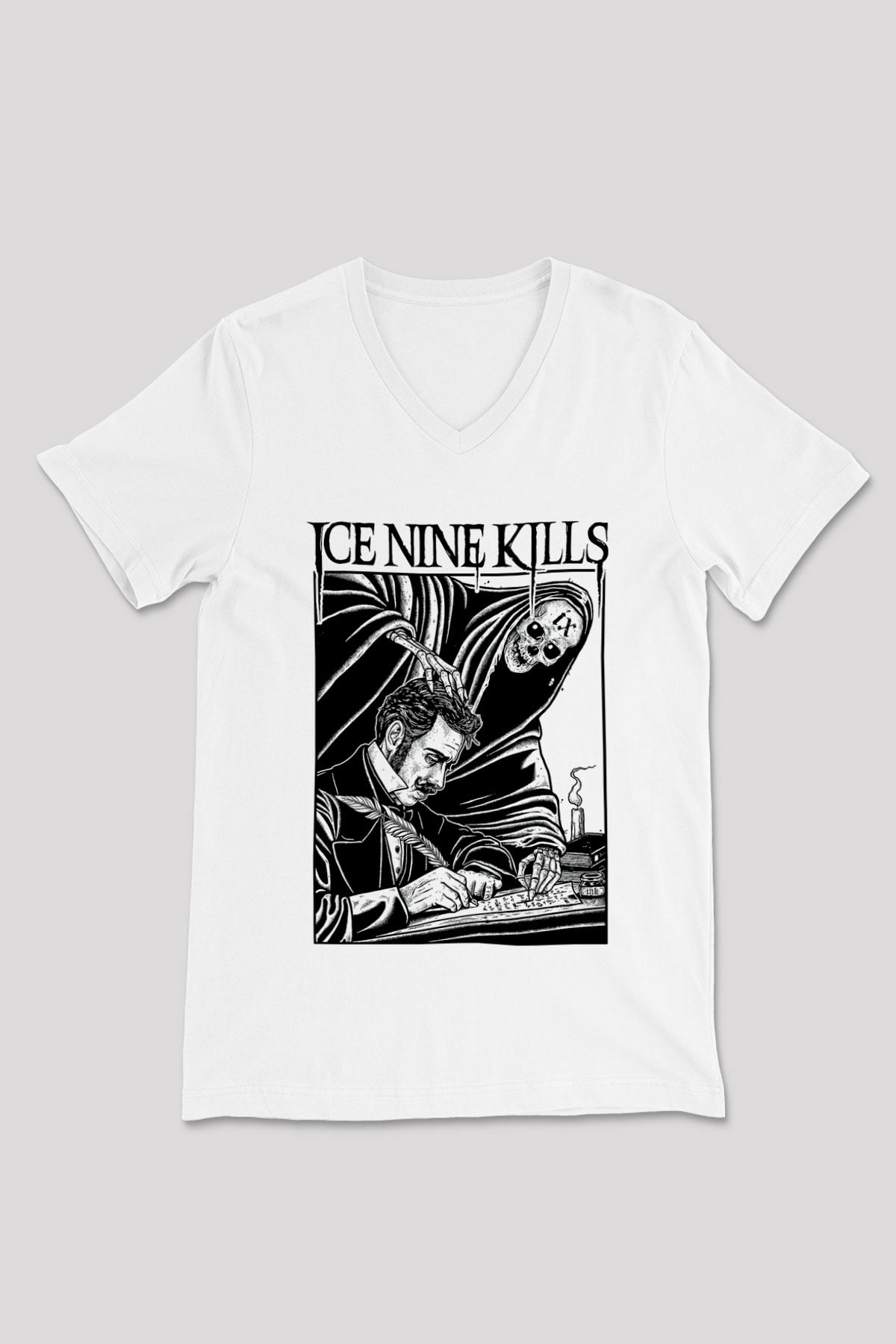 Ice Nine Kills Baskılı Beyaz Unisex V Yaka Tişört - Tshirt
