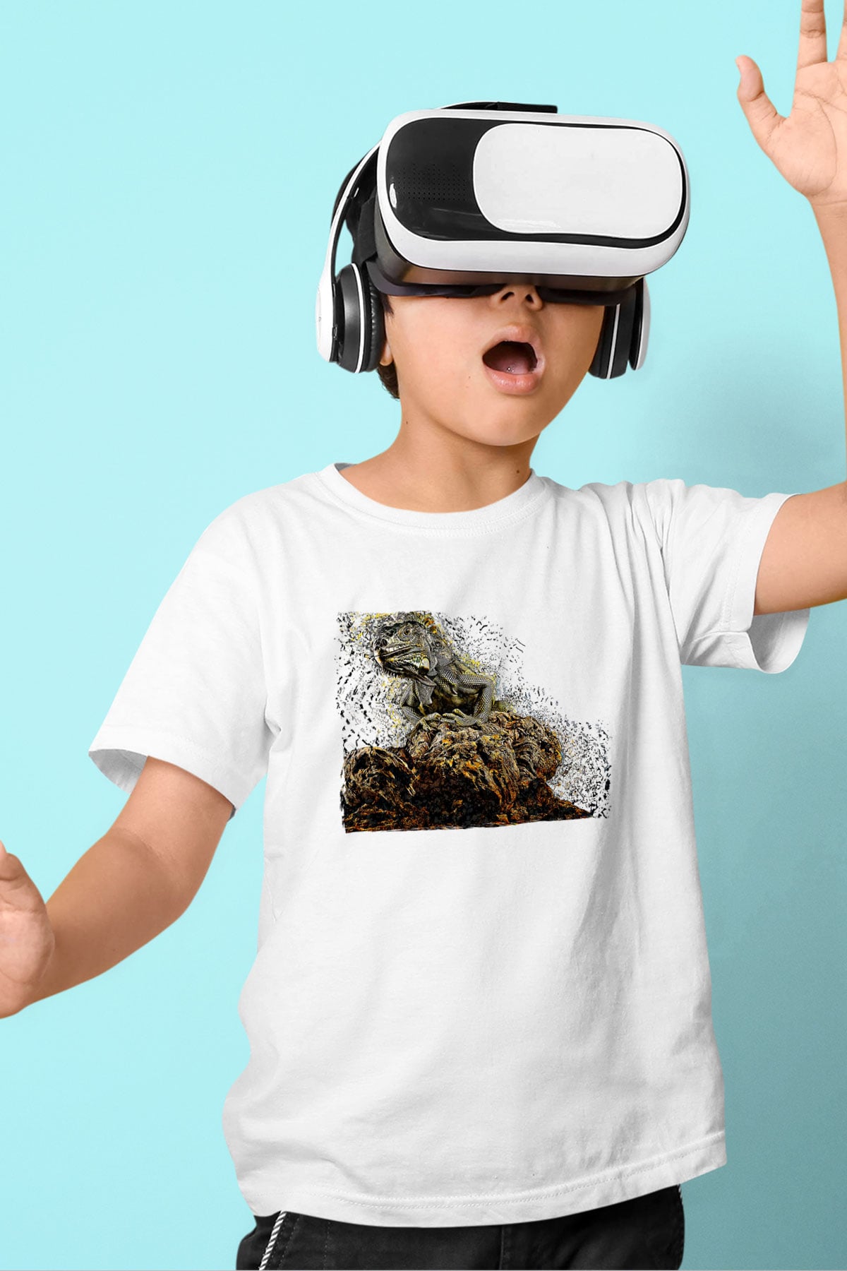 İguana Baskılı Beyaz Unisex Beyaz Çocuk Tişört - Tshirt