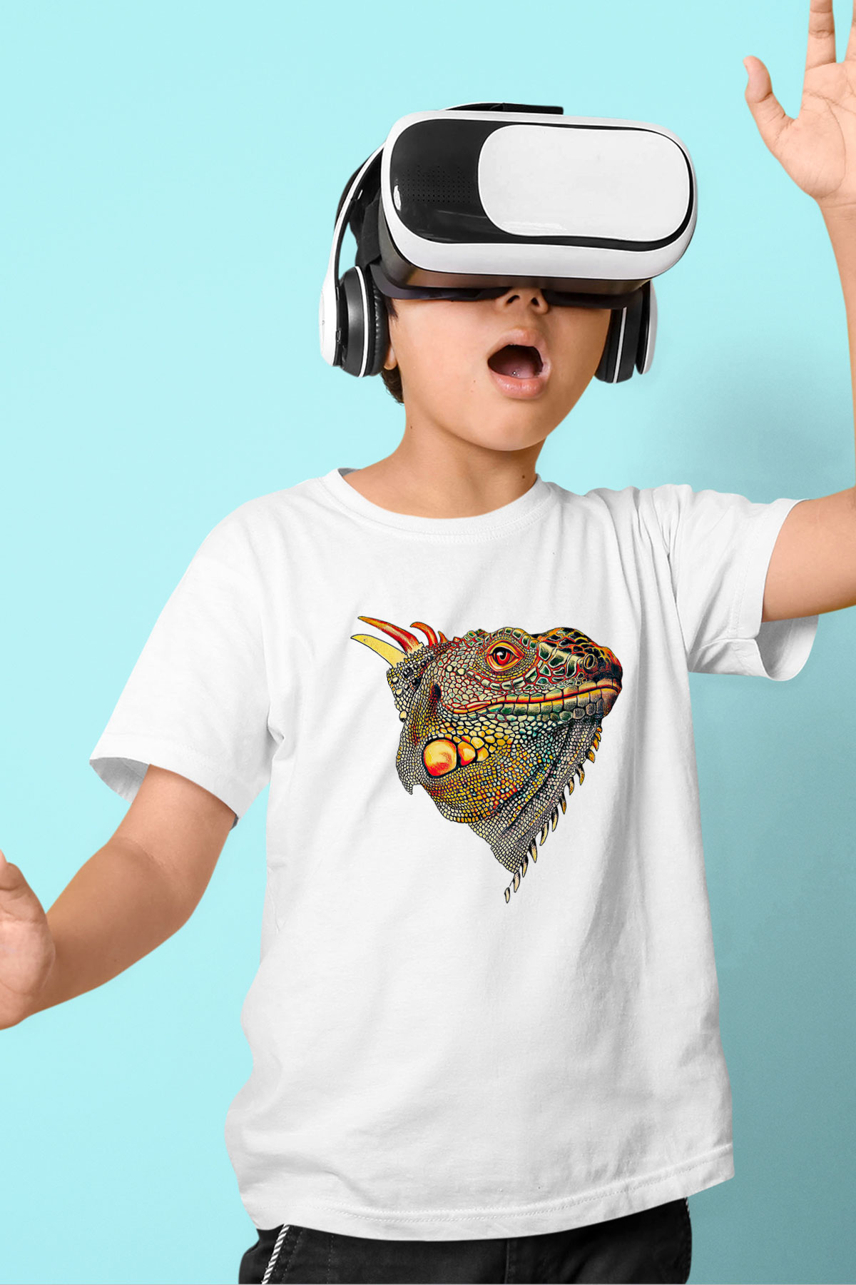 İguana Baskılı Beyaz Unisex Beyaz Çocuk Tişört - Tshirt