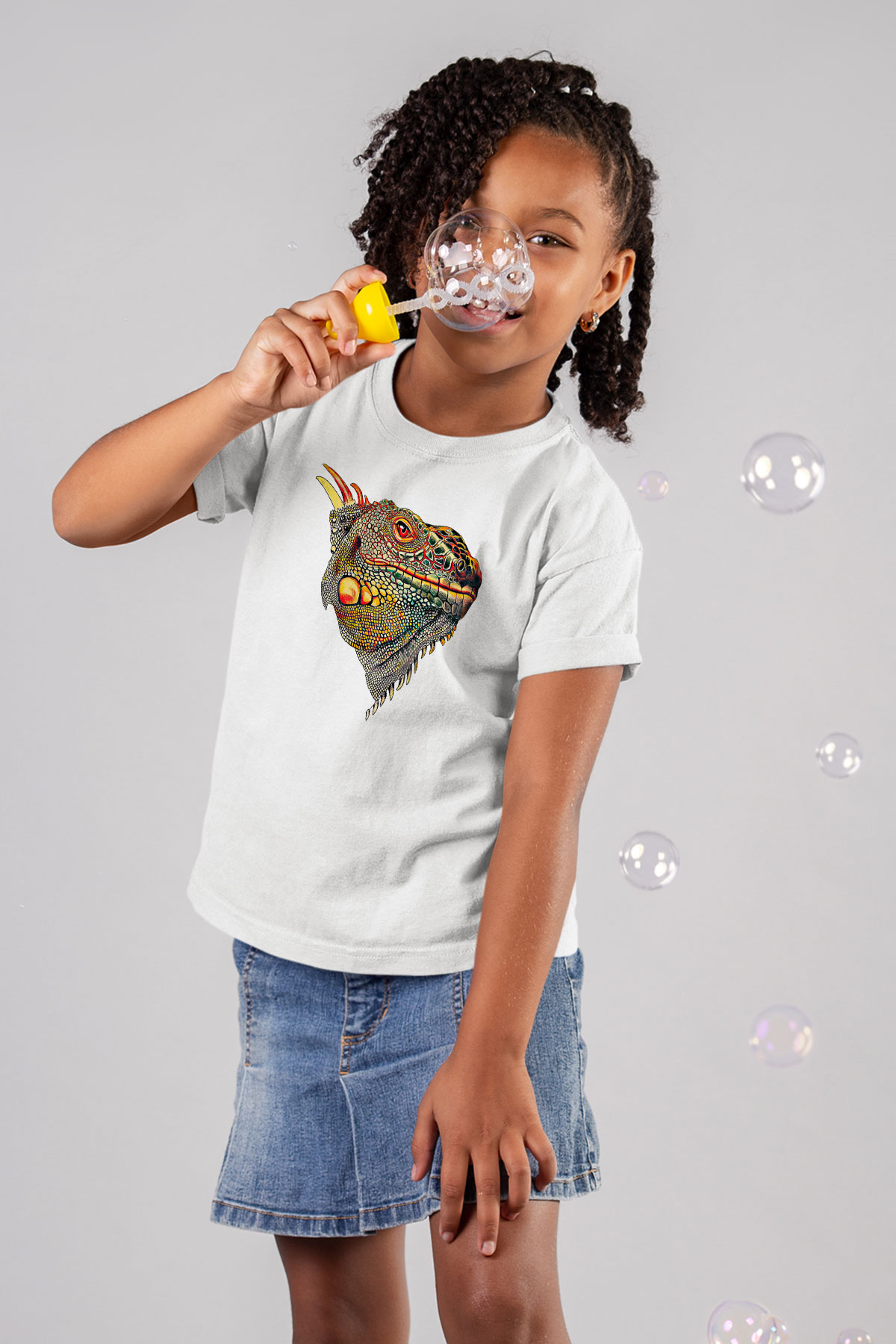 İguana Baskılı Beyaz Unisex Beyaz Çocuk Tişört - Tshirt