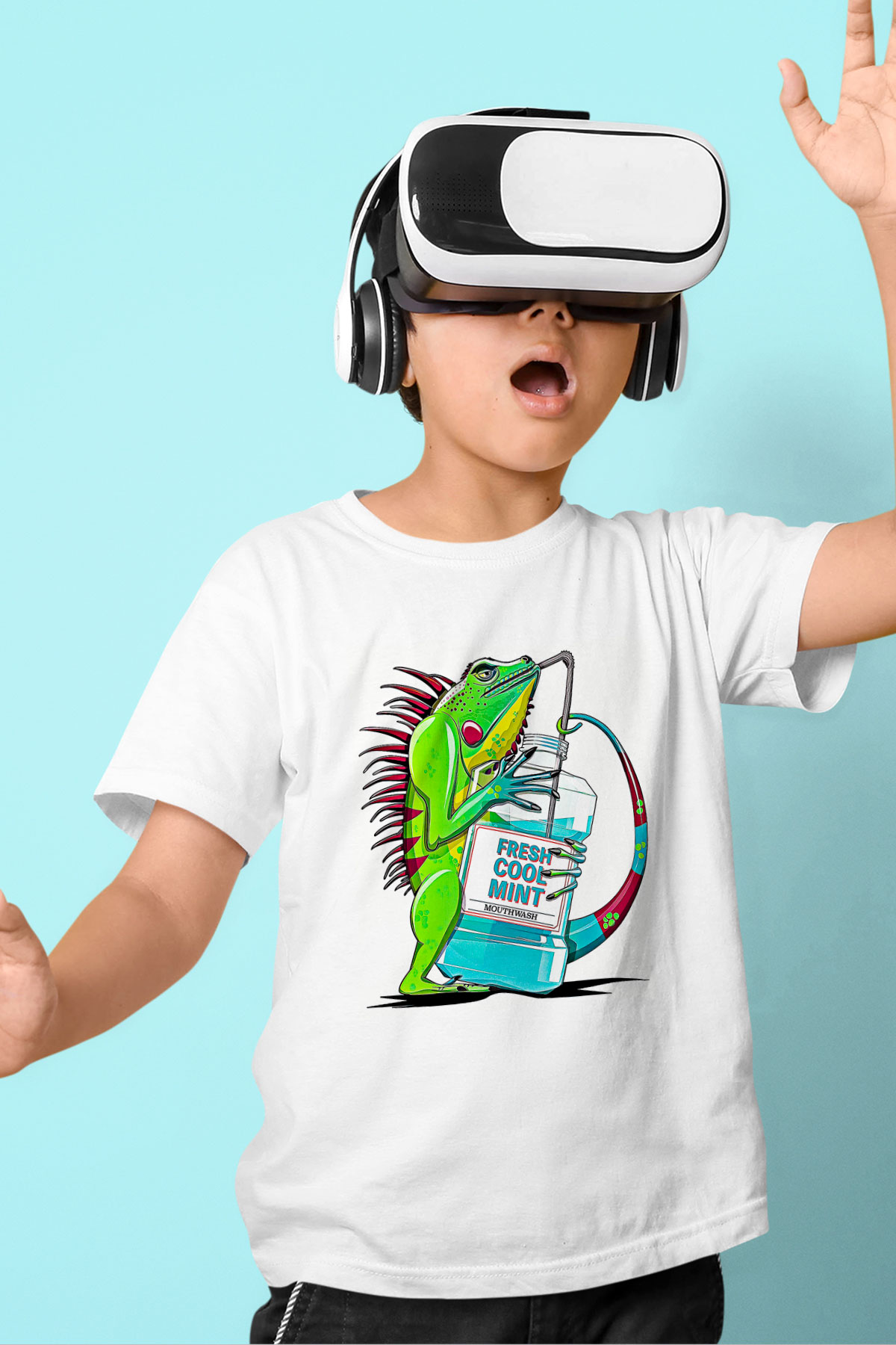 İguana Baskılı Beyaz Unisex Beyaz Çocuk Tişört - Tshirt