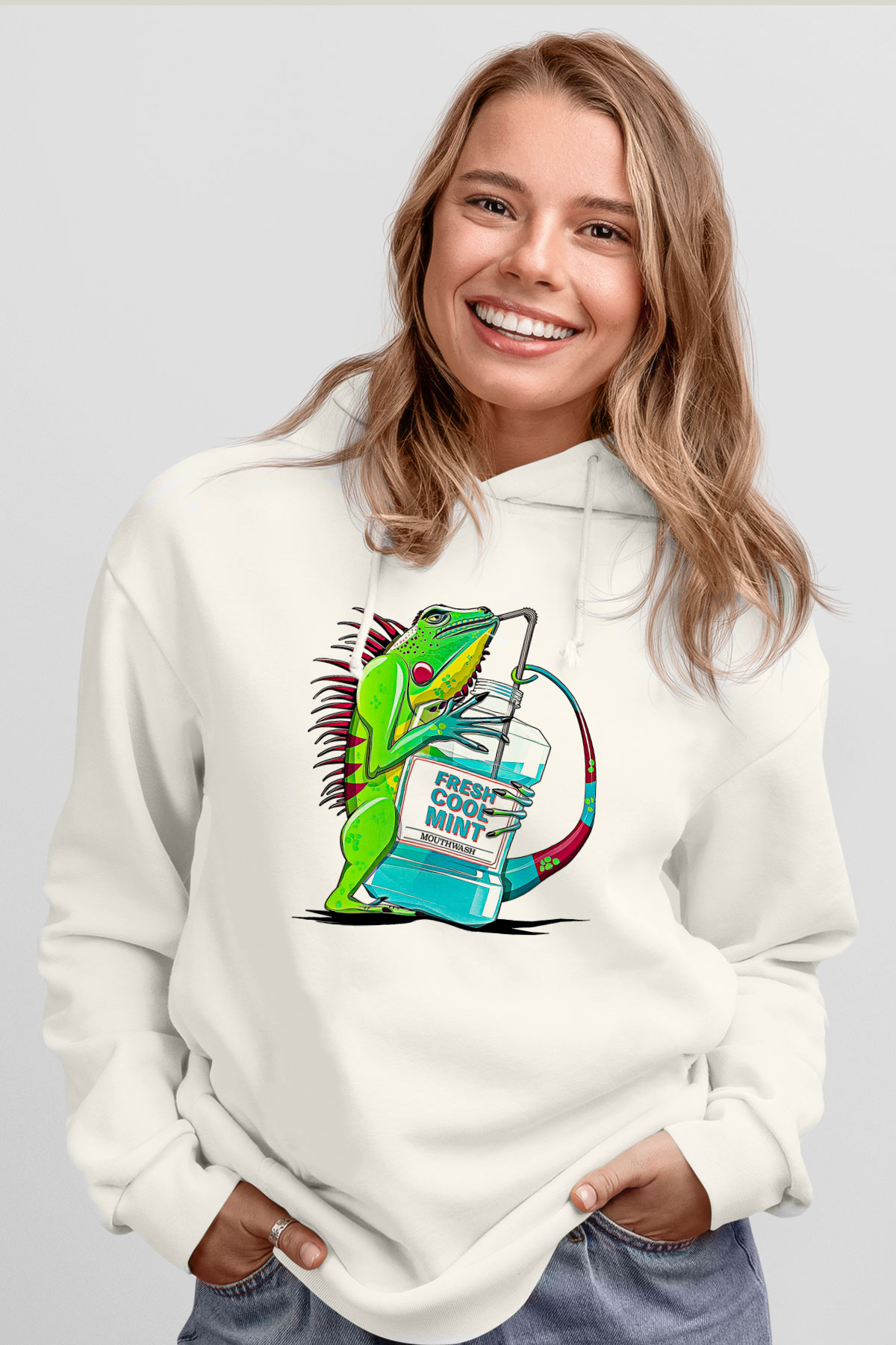 İguana Baskılı Beyaz Unisex Hoodie