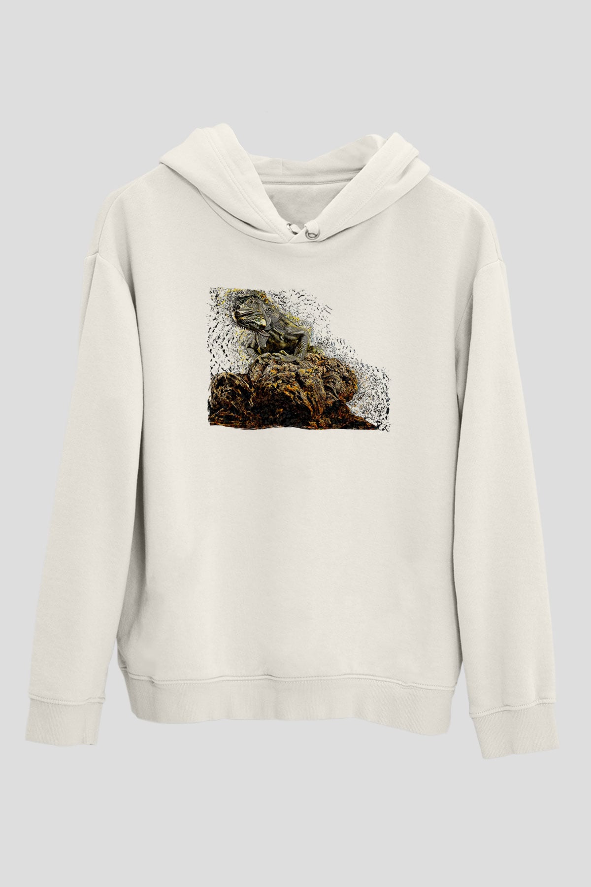 İguana Baskılı Beyaz Unisex Hoodie