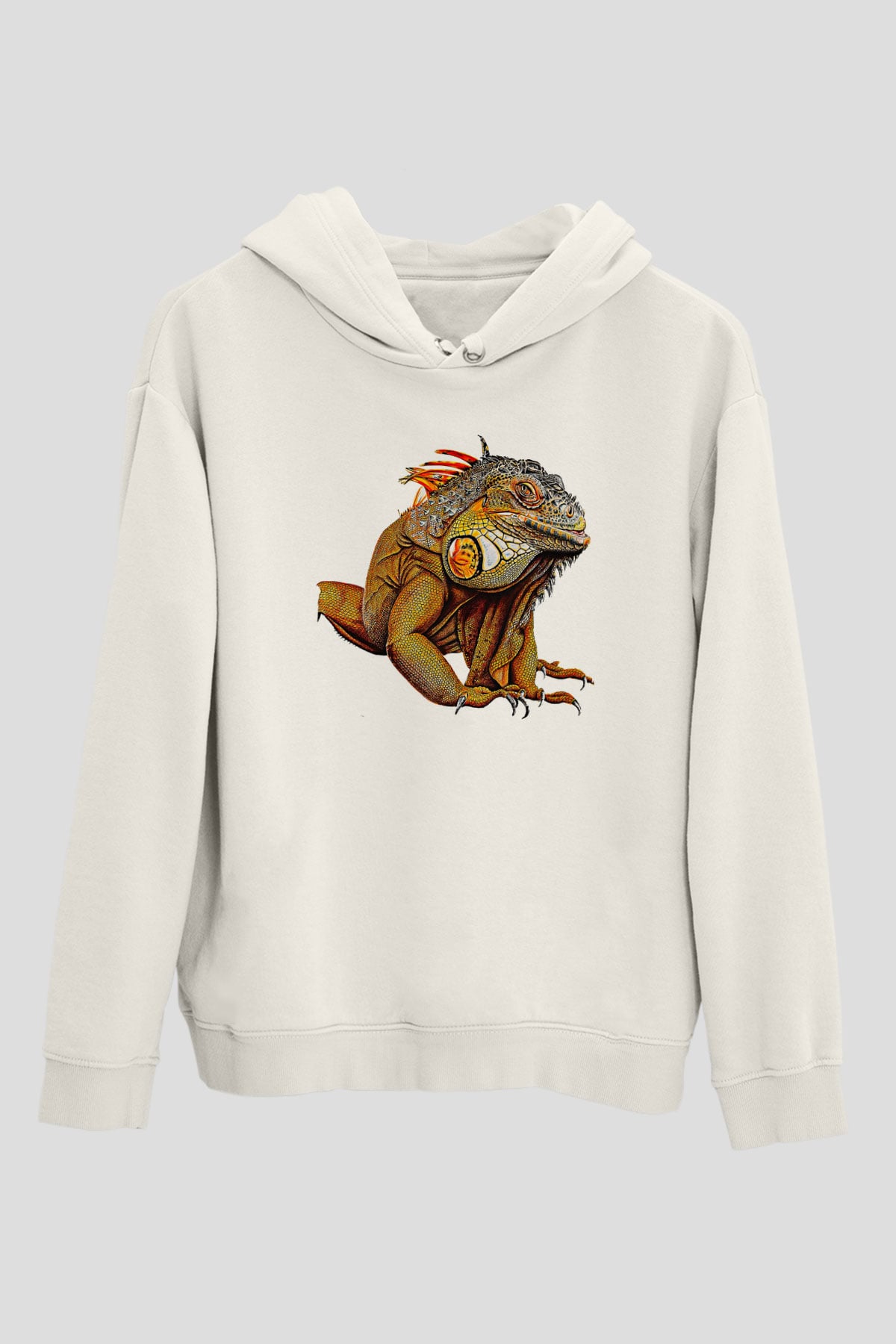 İguana Baskılı Beyaz Unisex Hoodie