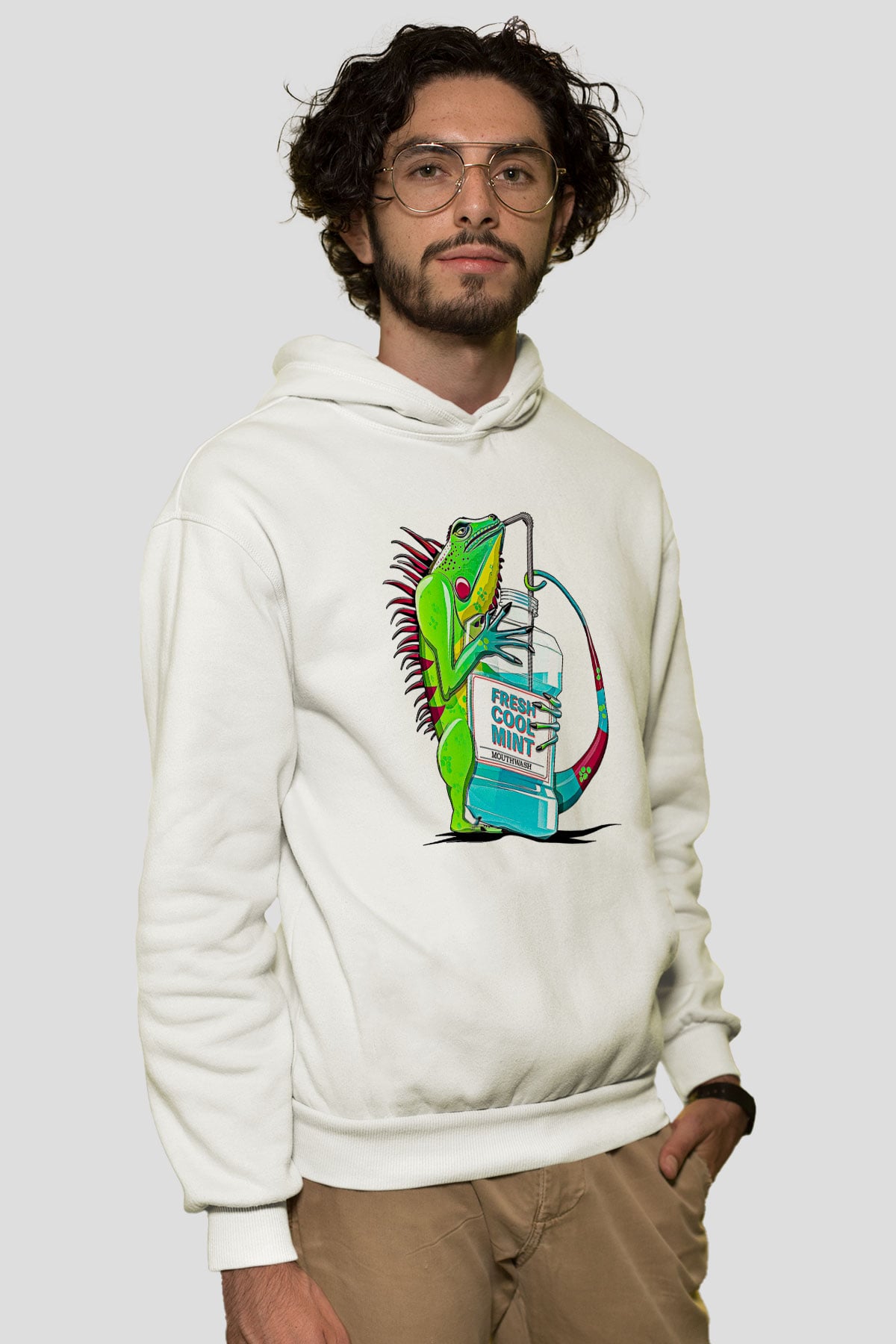 İguana Baskılı Beyaz Unisex Hoodie