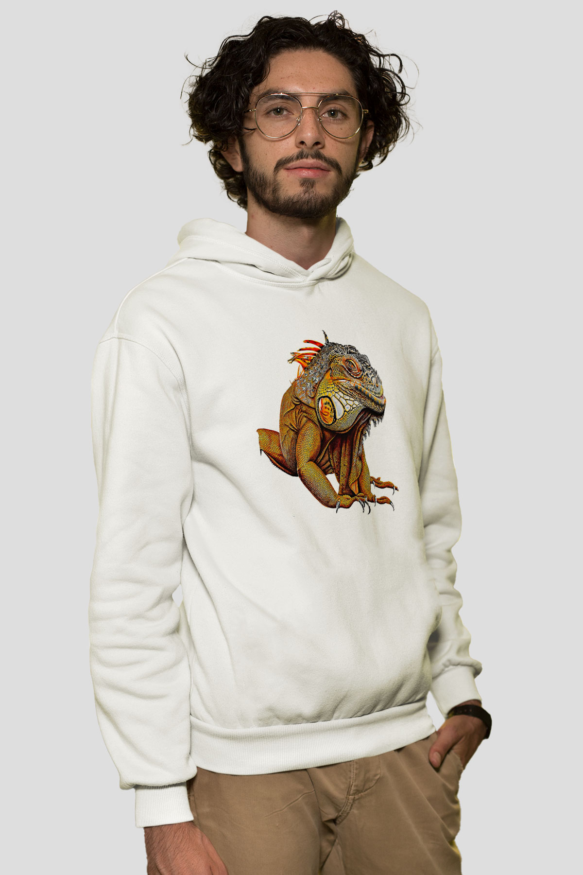 İguana Baskılı Beyaz Unisex Hoodie