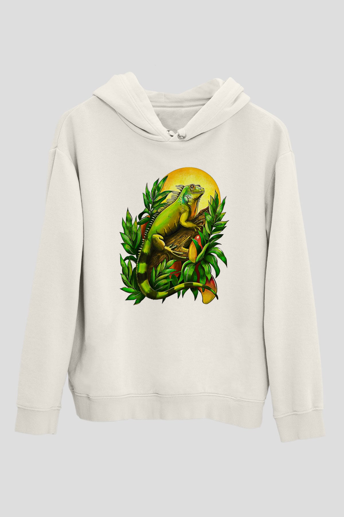 İguana Baskılı Beyaz Unisex Hoodie