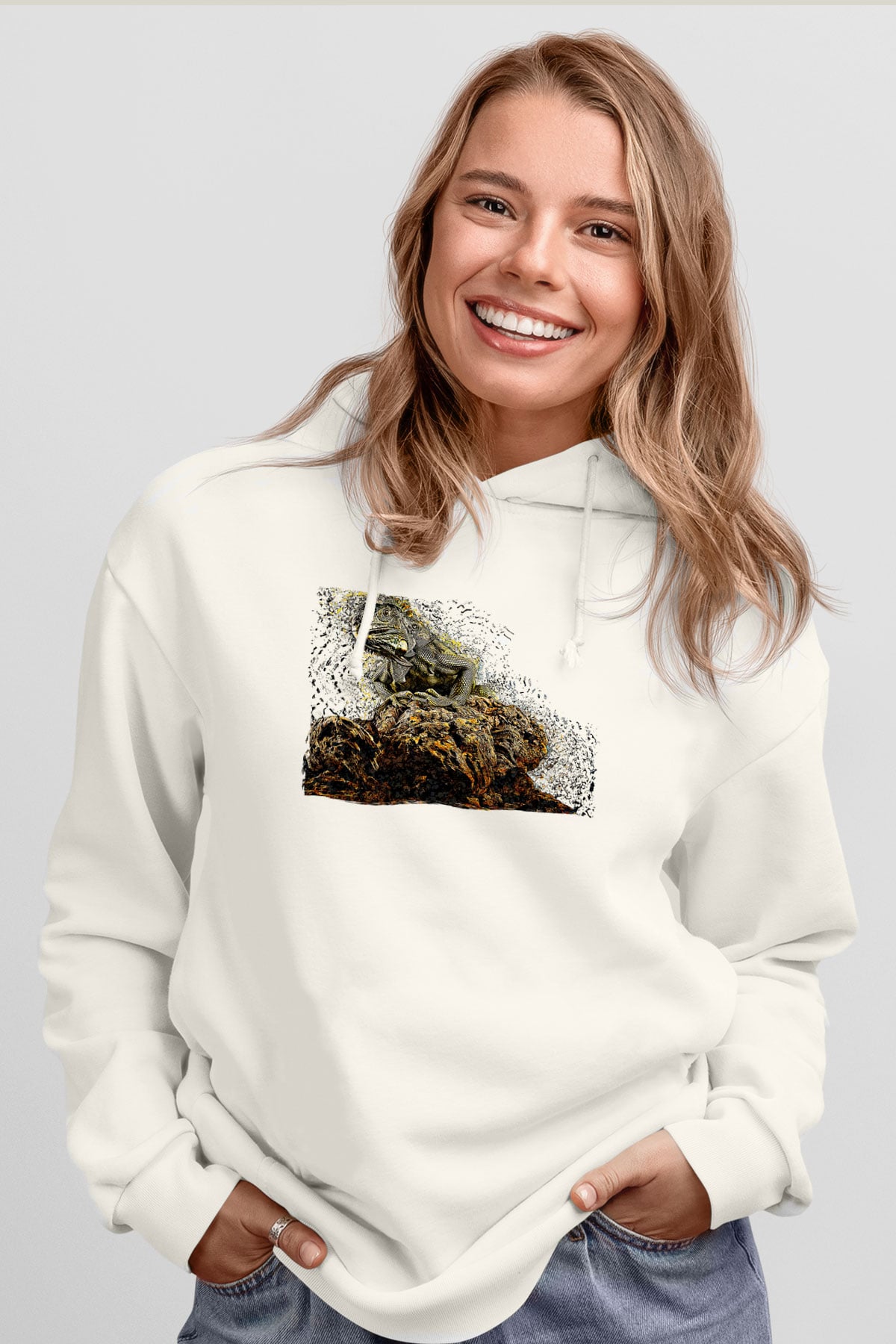 İguana Baskılı Beyaz Unisex Hoodie