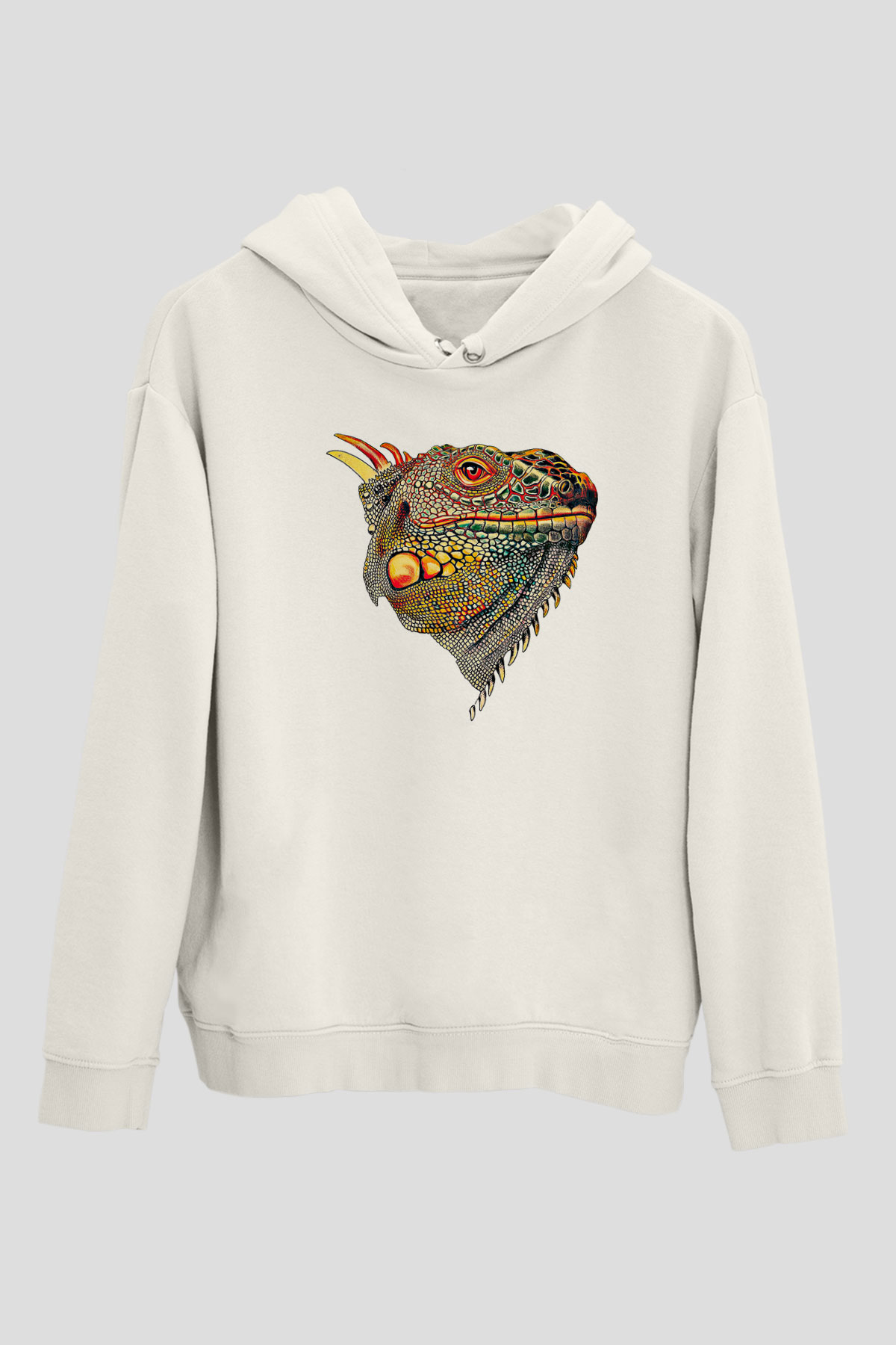 İguana Baskılı Beyaz Unisex Hoodie