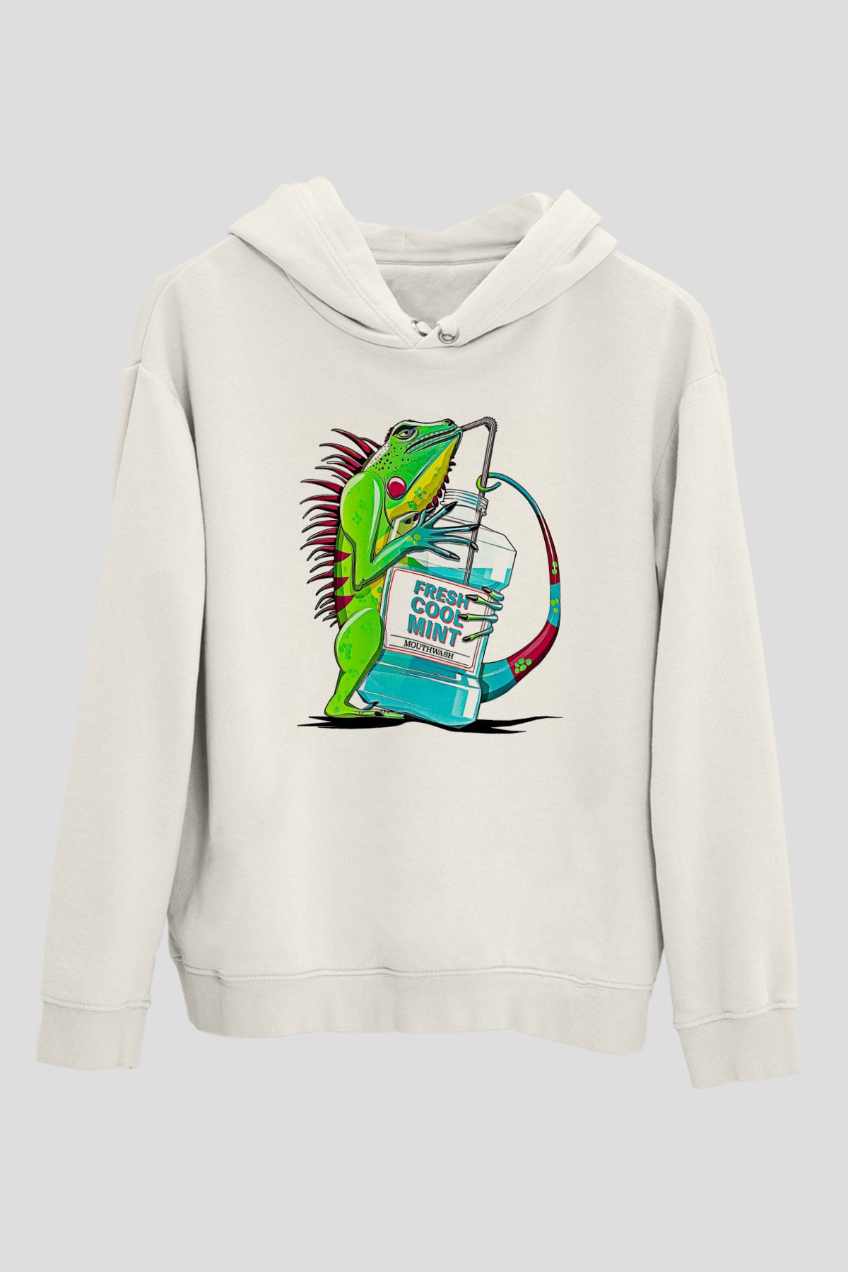 İguana Baskılı Beyaz Unisex Hoodie