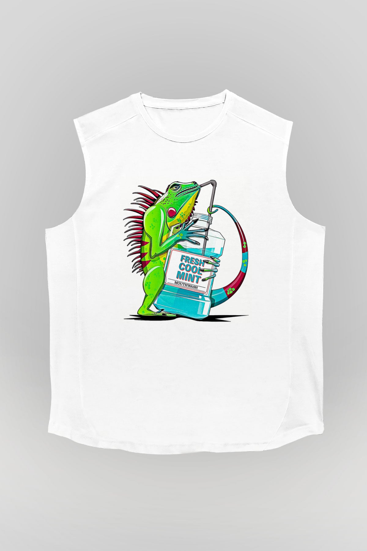 İguana Baskılı Beyaz Unisex Kolsuz Tişört - Tshirt
