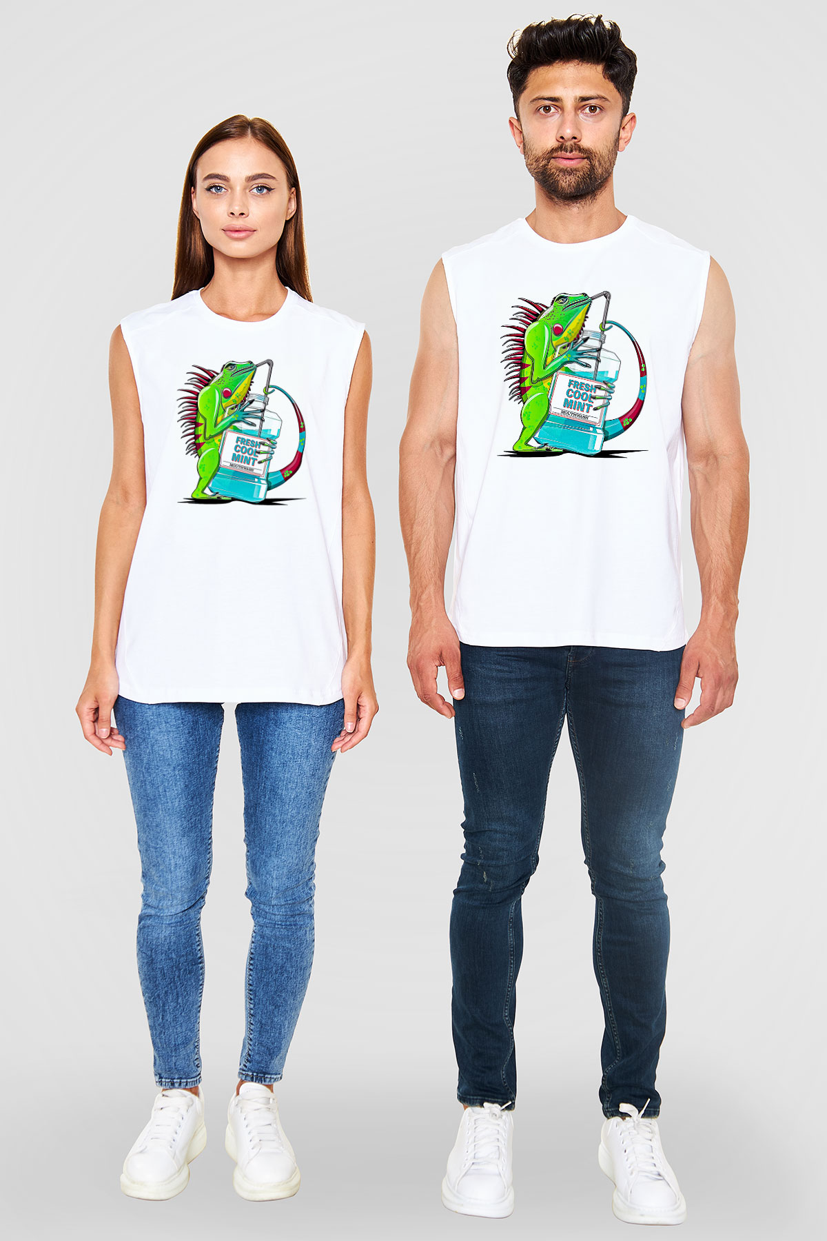 İguana Baskılı Beyaz Unisex Kolsuz Tişört - Tshirt