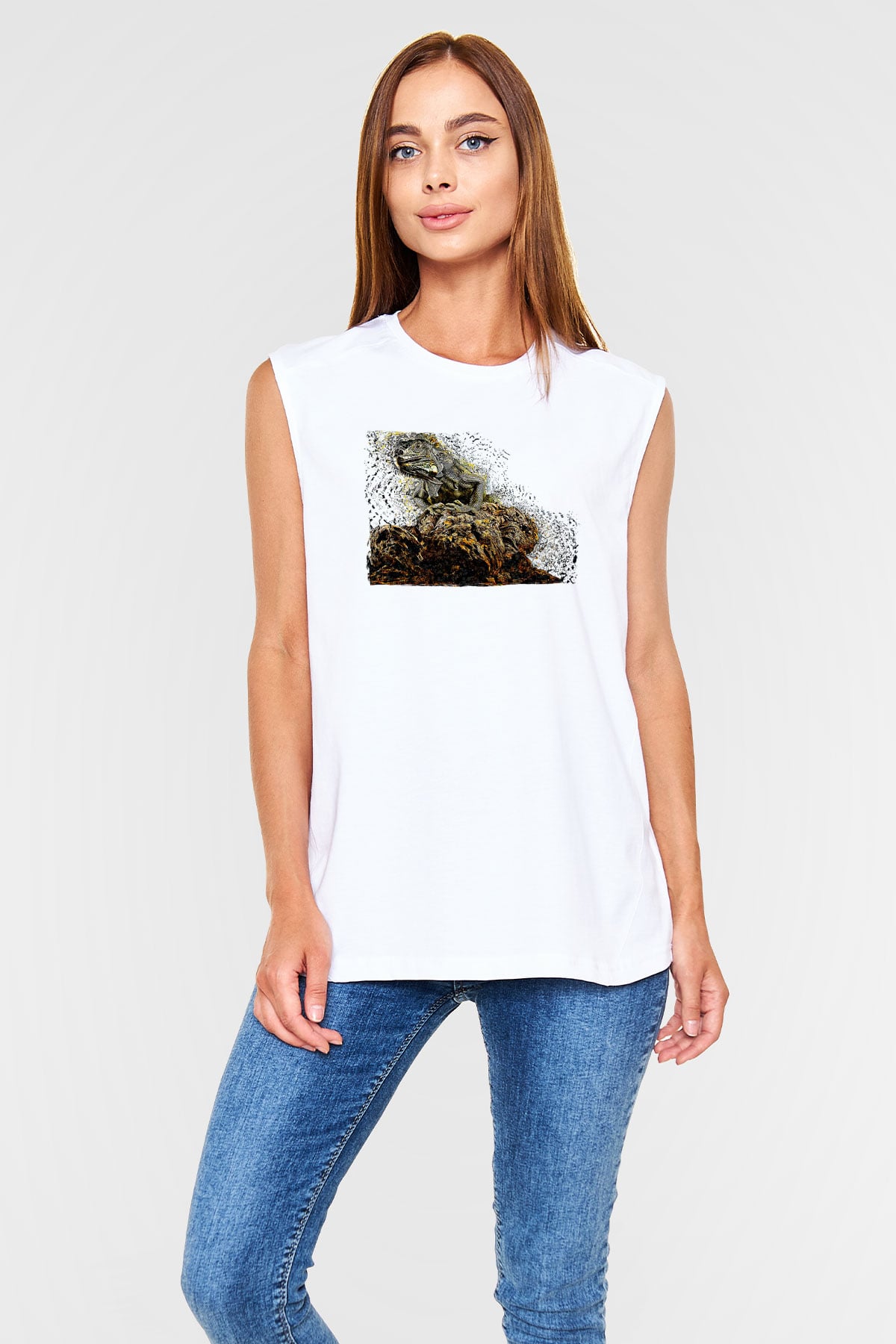 İguana Baskılı Beyaz Unisex Kolsuz Tişört - Tshirt